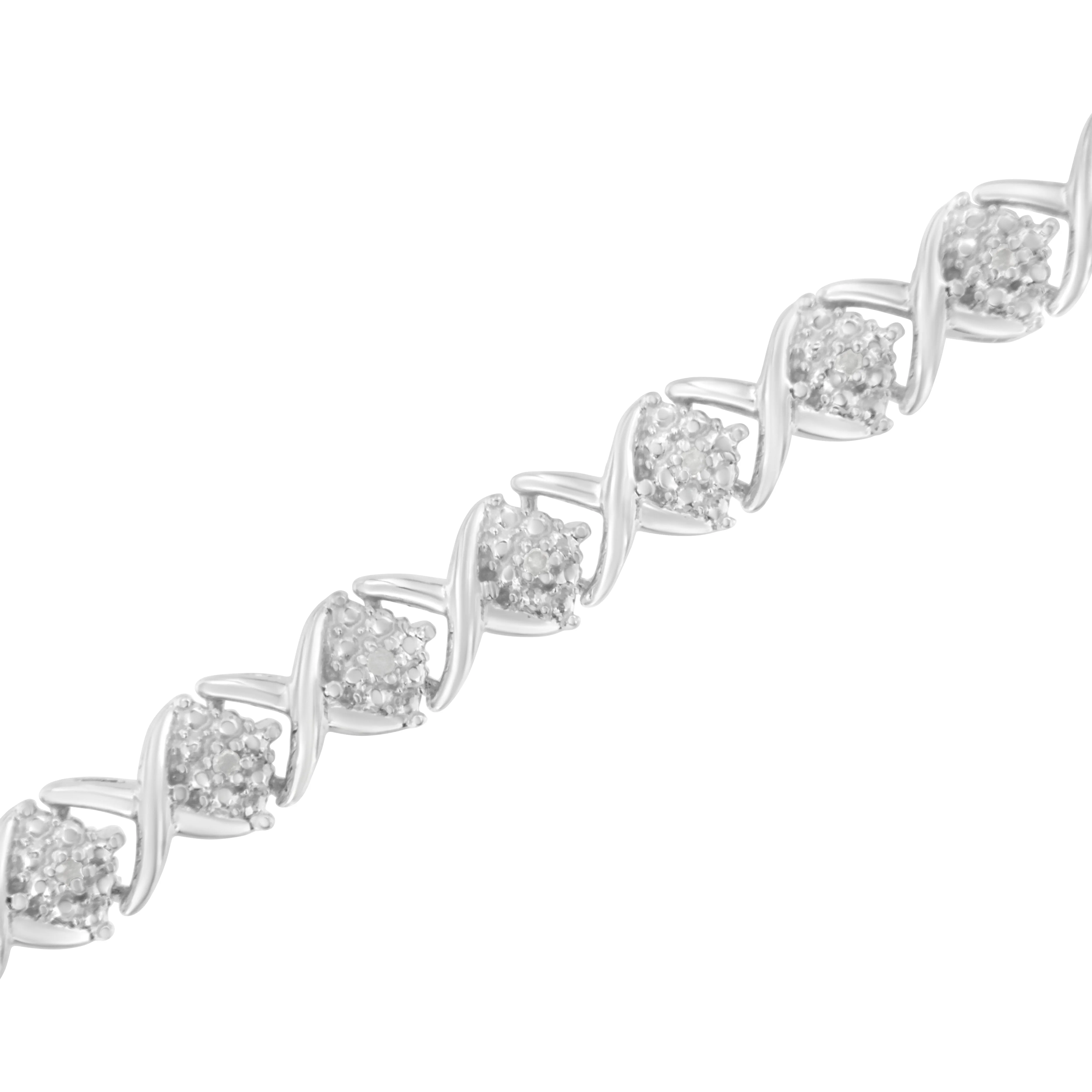 .925 Sterling Silver Round-Cut Diamond Accent Floral Cluster and X Link Bracelet