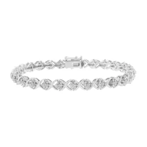 .925 Sterling Silver Round-Cut Diamond Accent Floral Cluster and X Link Bracelet