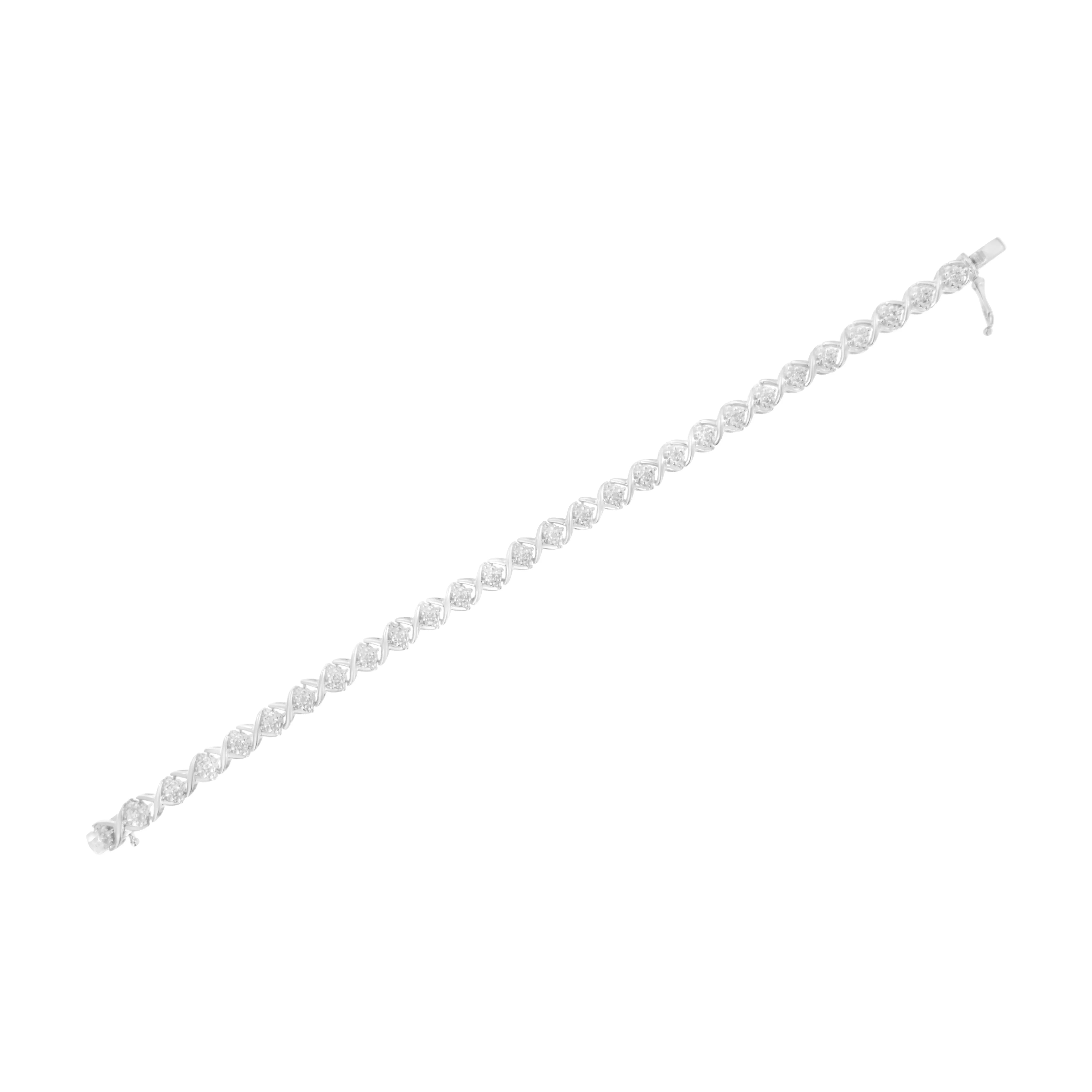 .925 Sterling Silver Round-Cut Diamond Accent Floral Cluster and X Link Bracelet