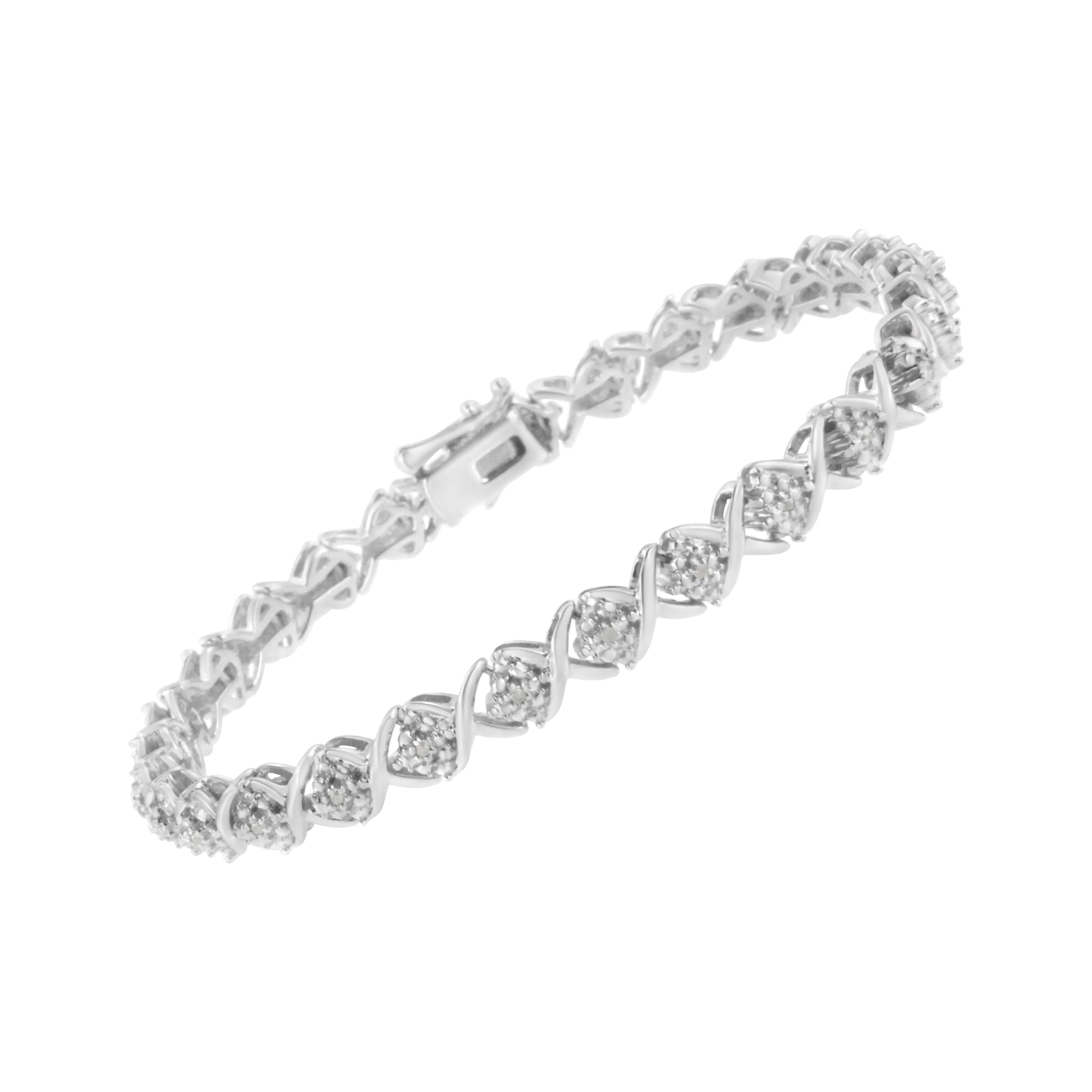 .925 Sterling Silver Round-Cut Diamond Accent Floral Cluster and X Link Bracelet