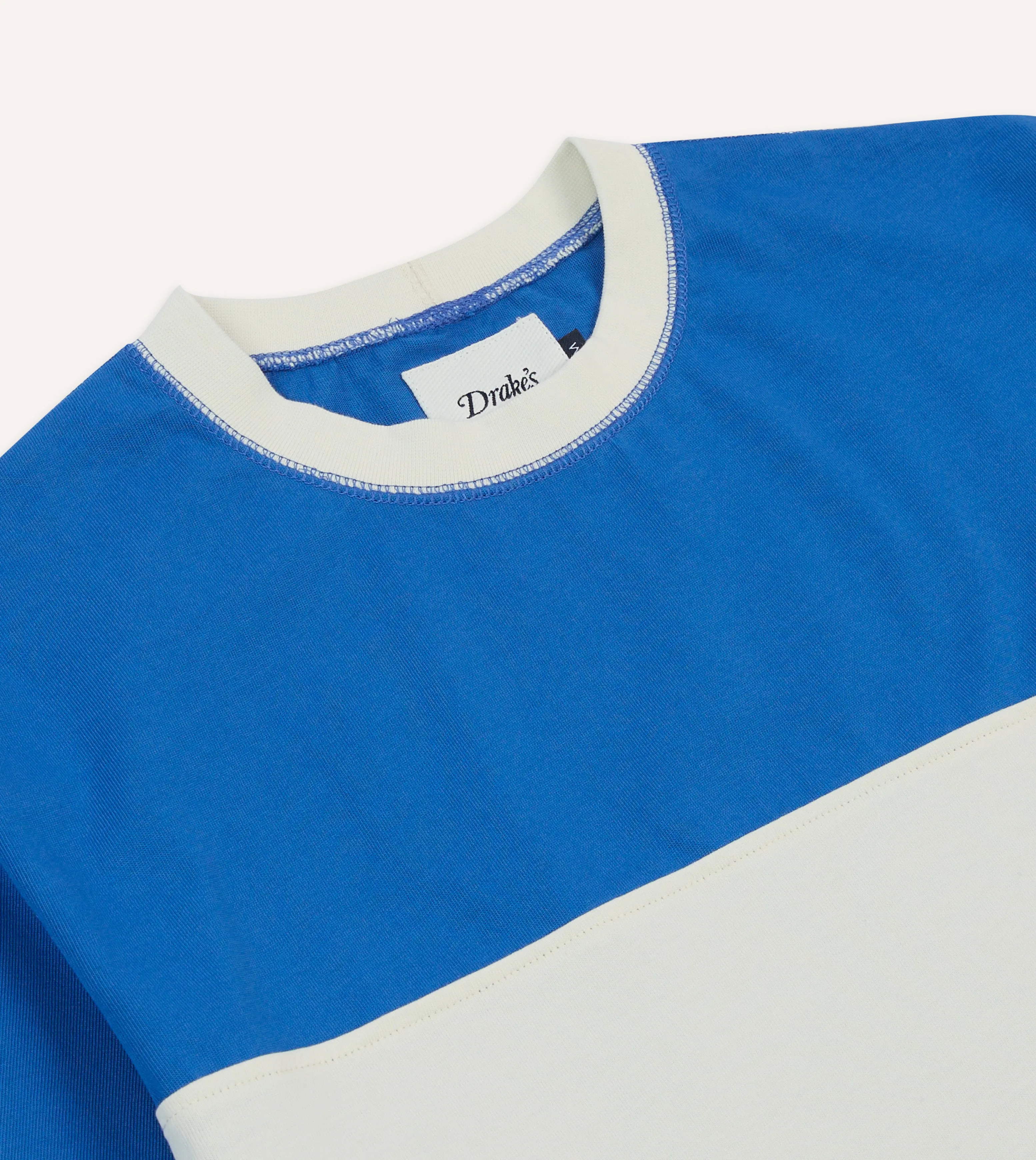 Blue and Ecru Panel Stripe Cotton Crew Neck Hiking T-Shirt