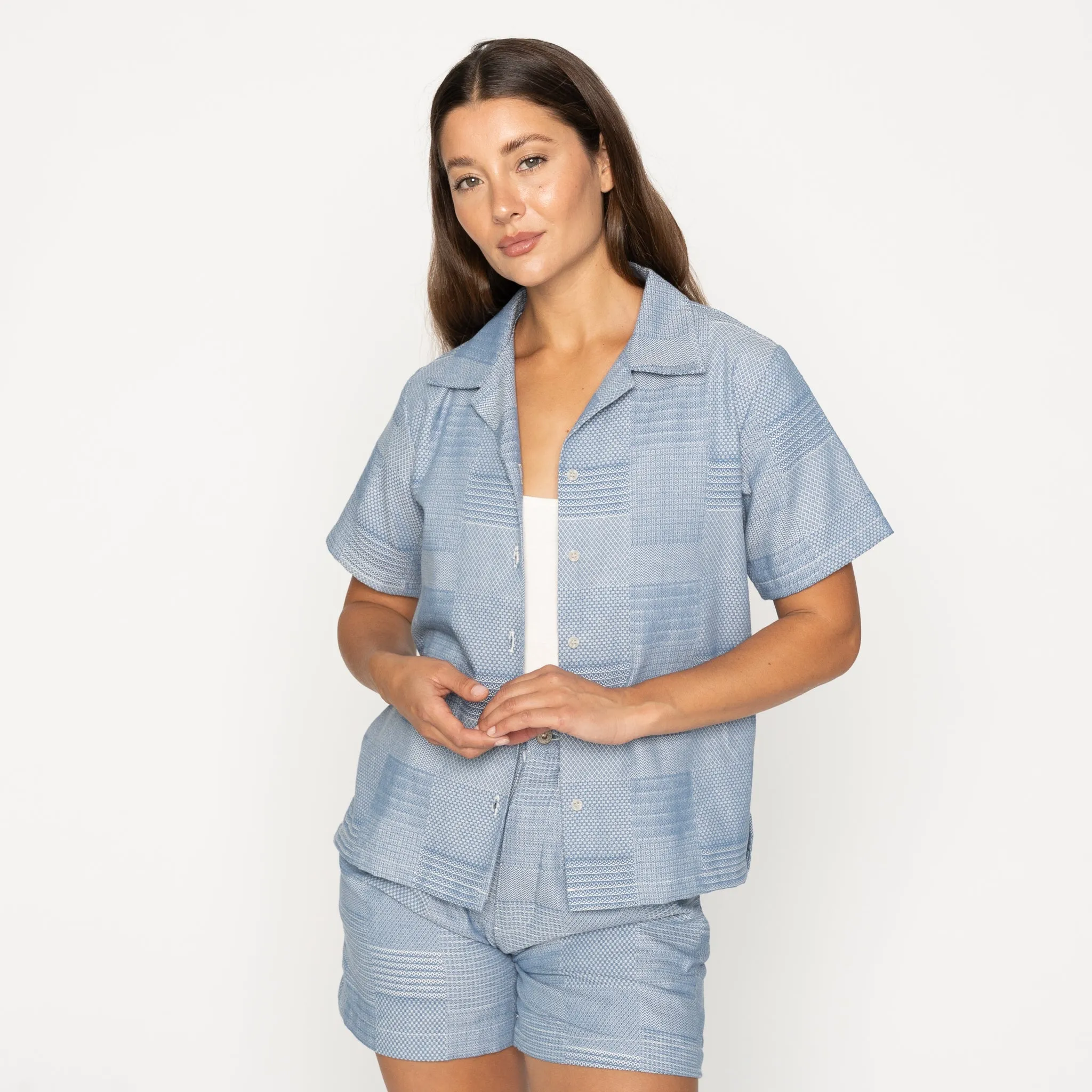 Camp Collar Shirt - Dobby Patchwork - Pale Blue