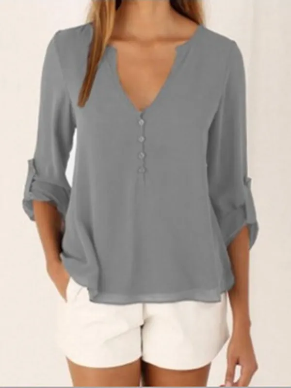 Chiffon Buttons V-Neck Irregular Hem Adjustable Sleeves Solid Causal Blouse