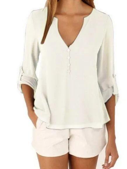 Chiffon Buttons V-Neck Irregular Hem Adjustable Sleeves Solid Causal Blouse