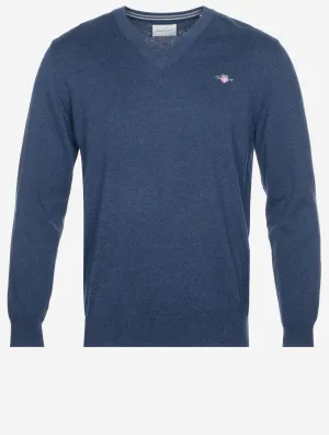 Classic Cotton V-Neck Sweater Dark Jeansblue Melange