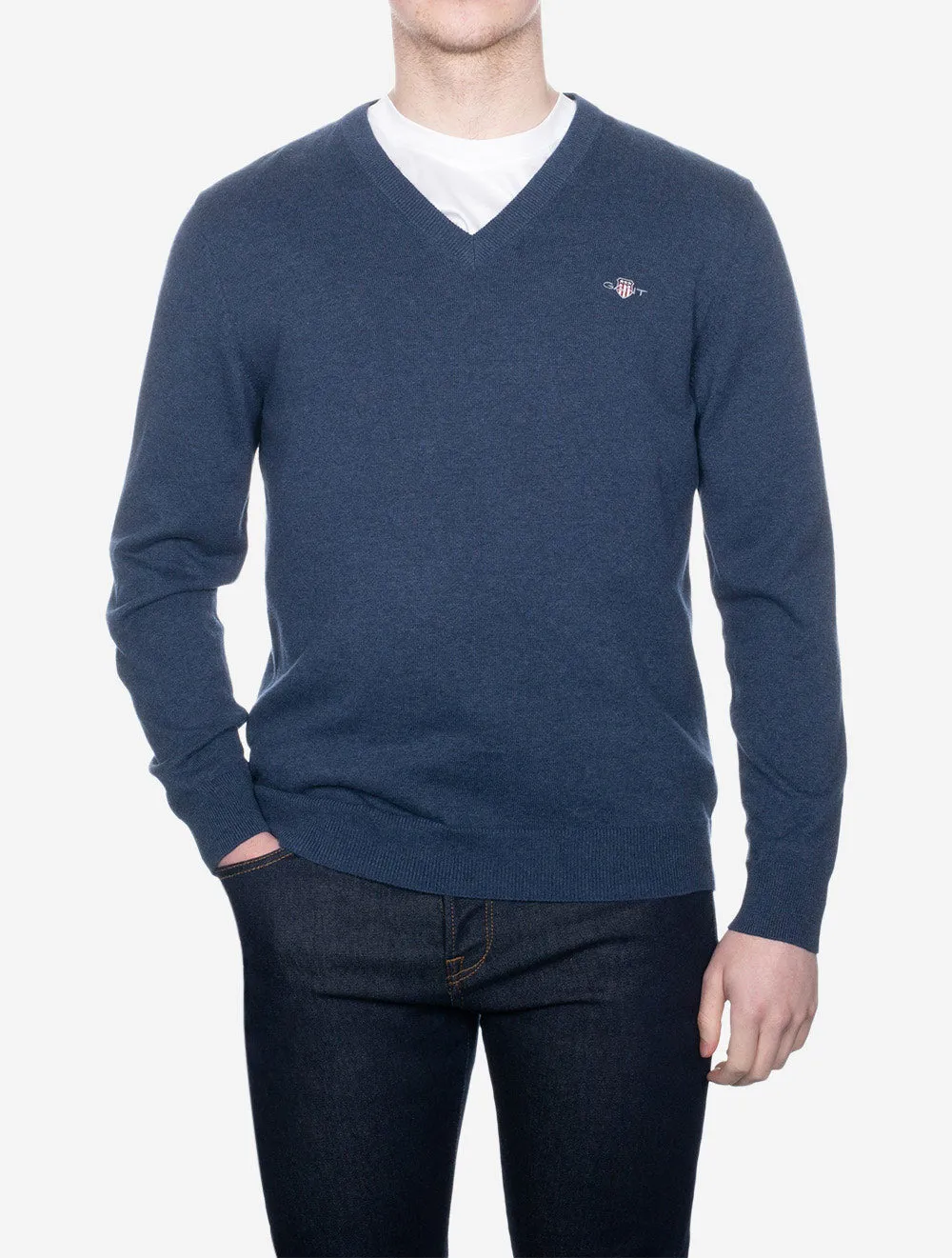 Classic Cotton V-Neck Sweater Dark Jeansblue Melange