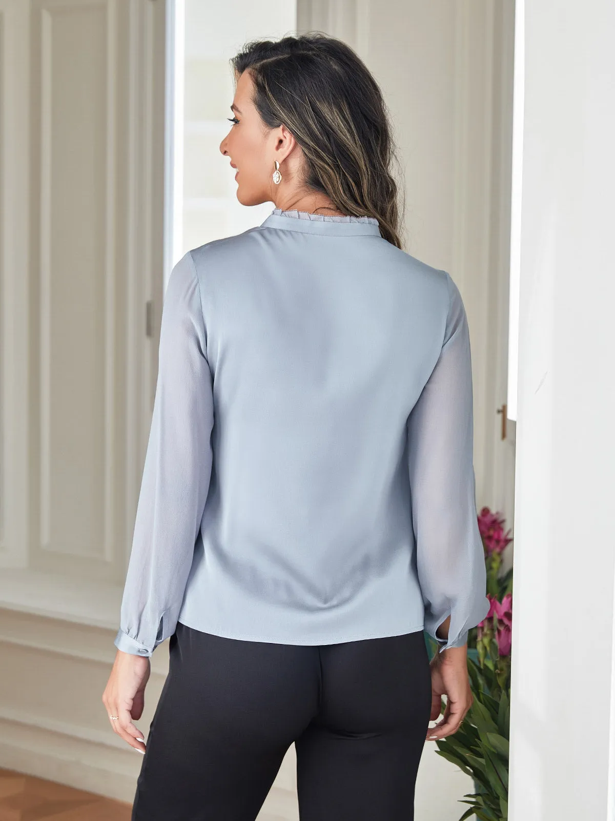 Clearance - Romantic Stand Collar Ruffles Silk Shirt Blouse