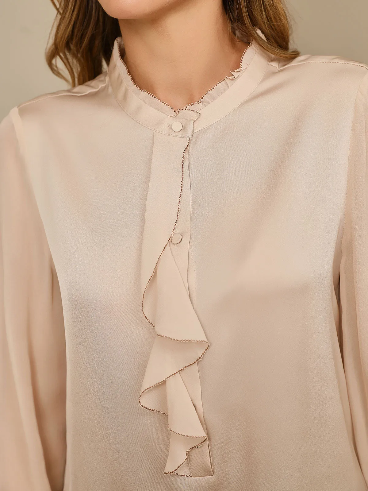 Clearance - Romantic Stand Collar Ruffles Silk Shirt Blouse