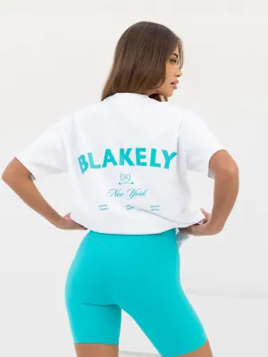 Crest Oversized T-Shirt - White & Aqua