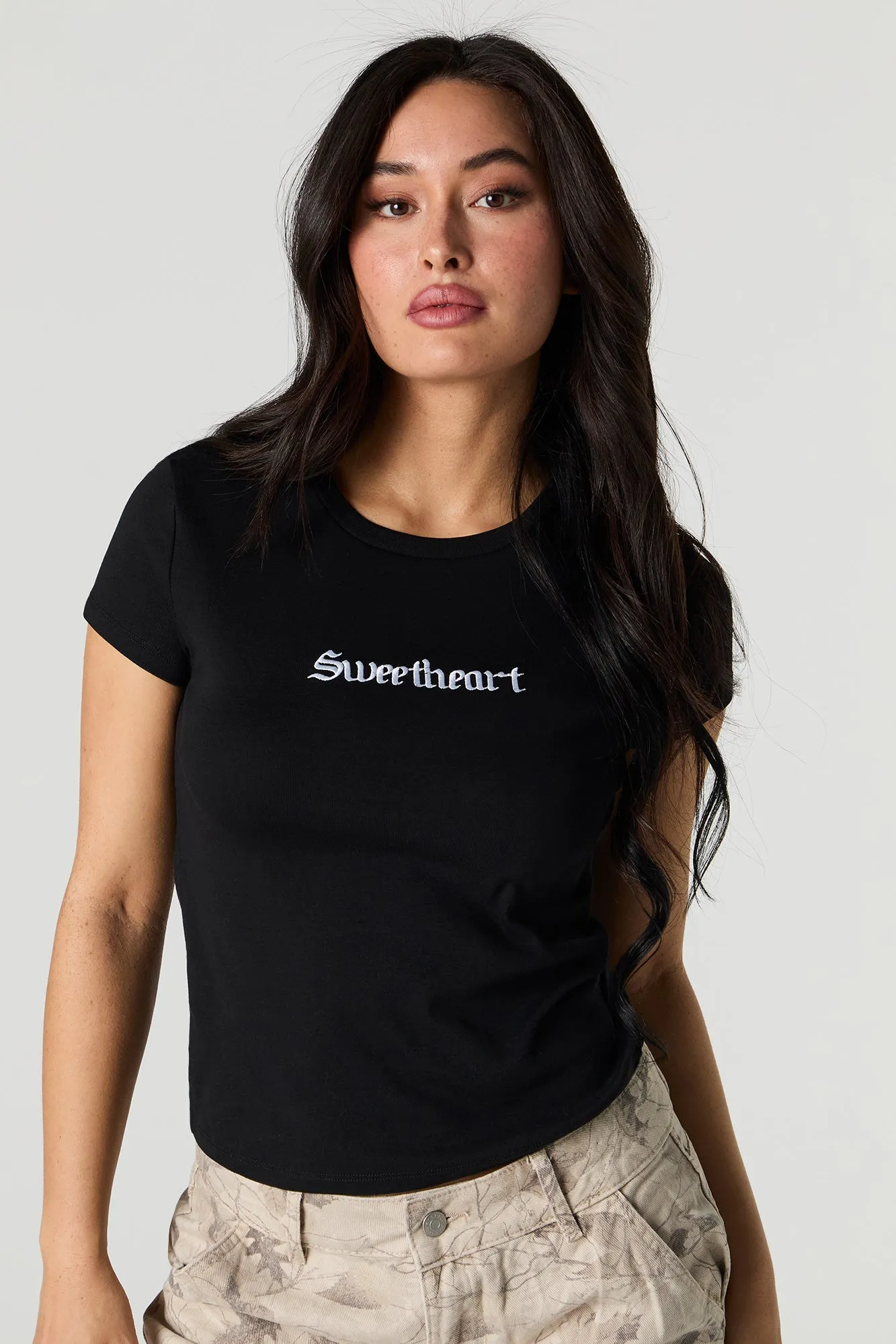 Cute Embroidered Ribbed T-Shirt