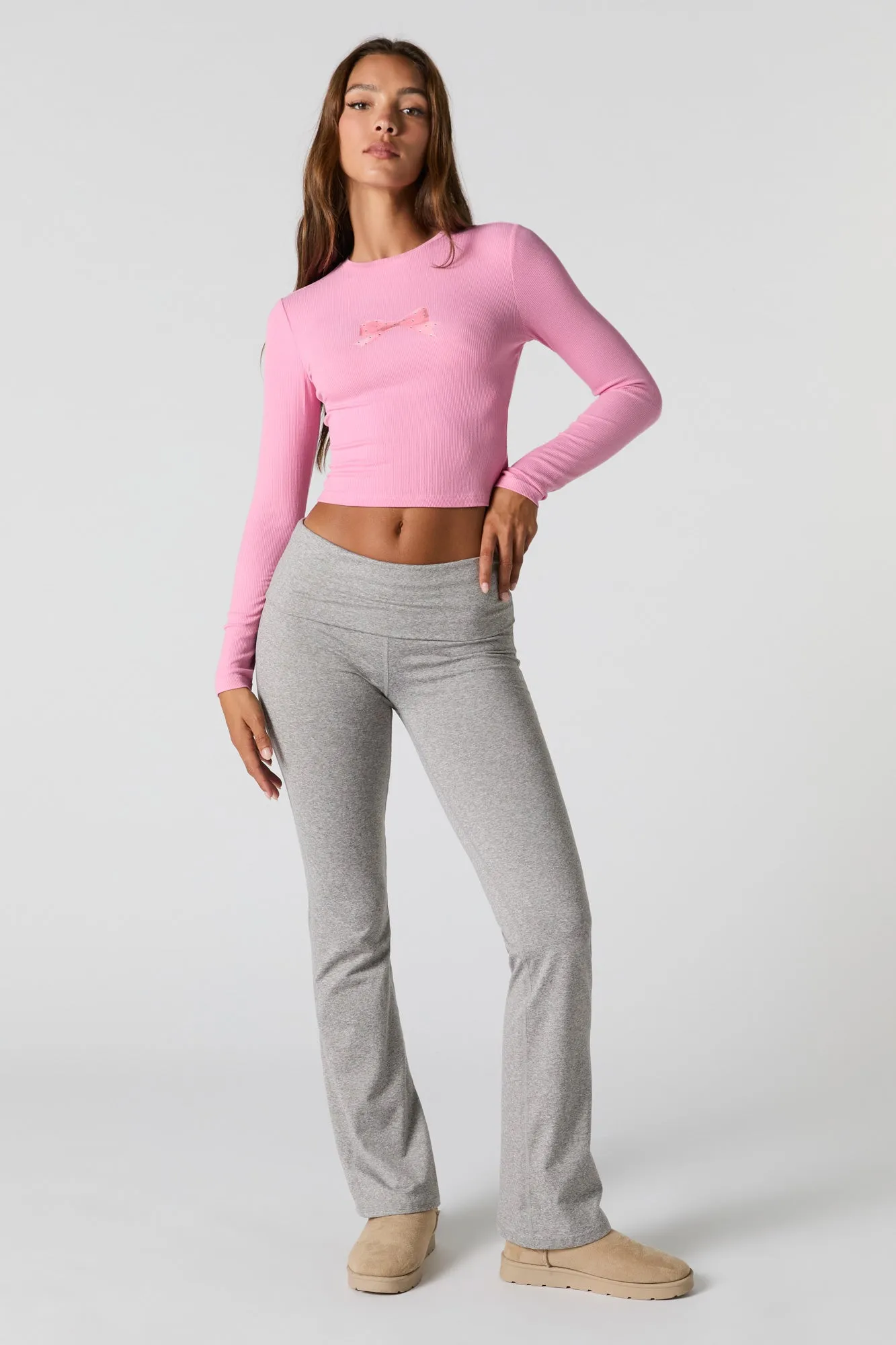 Cute Graphic Ribbed Long Sleeve Top