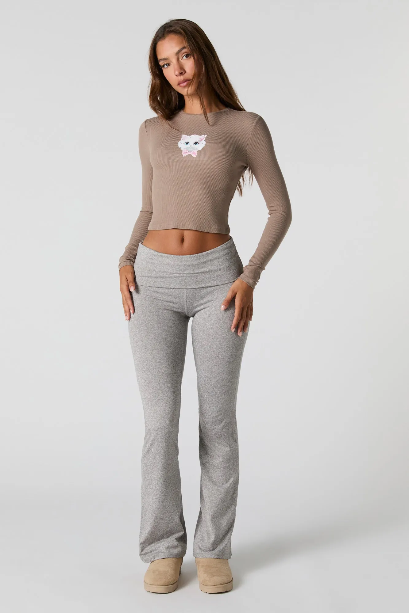 Cute Graphic Ribbed Long Sleeve Top