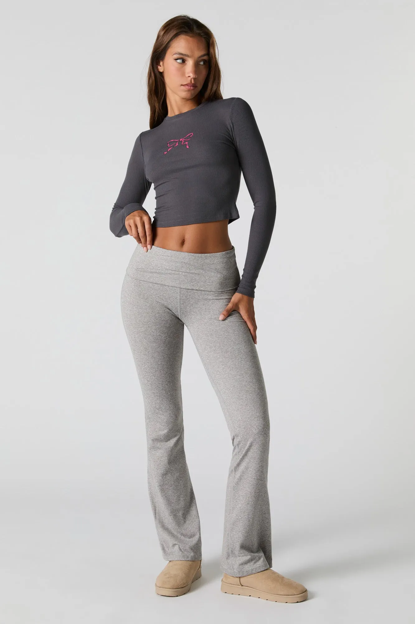 Cute Graphic Ribbed Long Sleeve Top