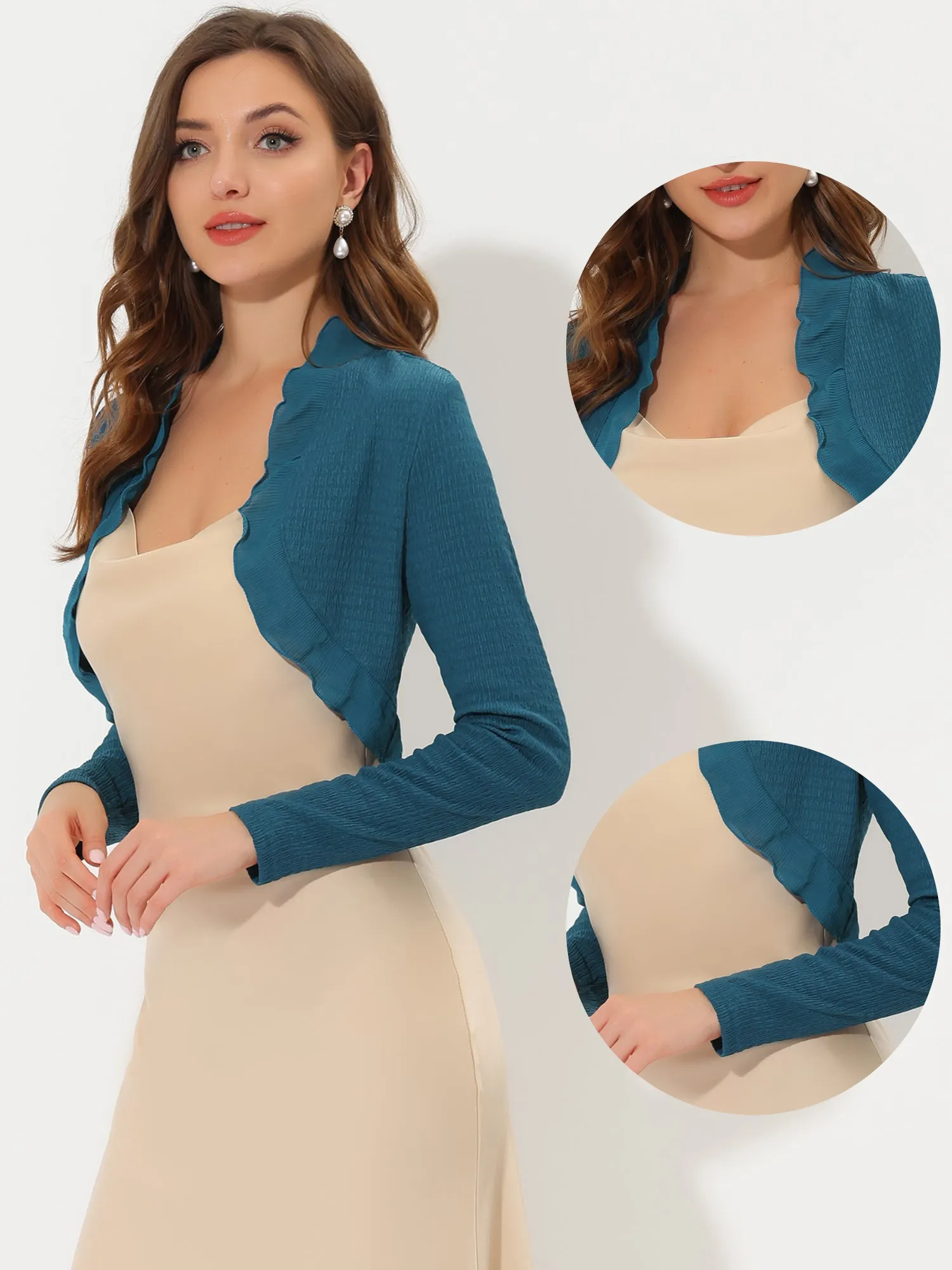 ElegantLong Sleeve Textured Open Front Ruffle Bolero Crop Shrugs