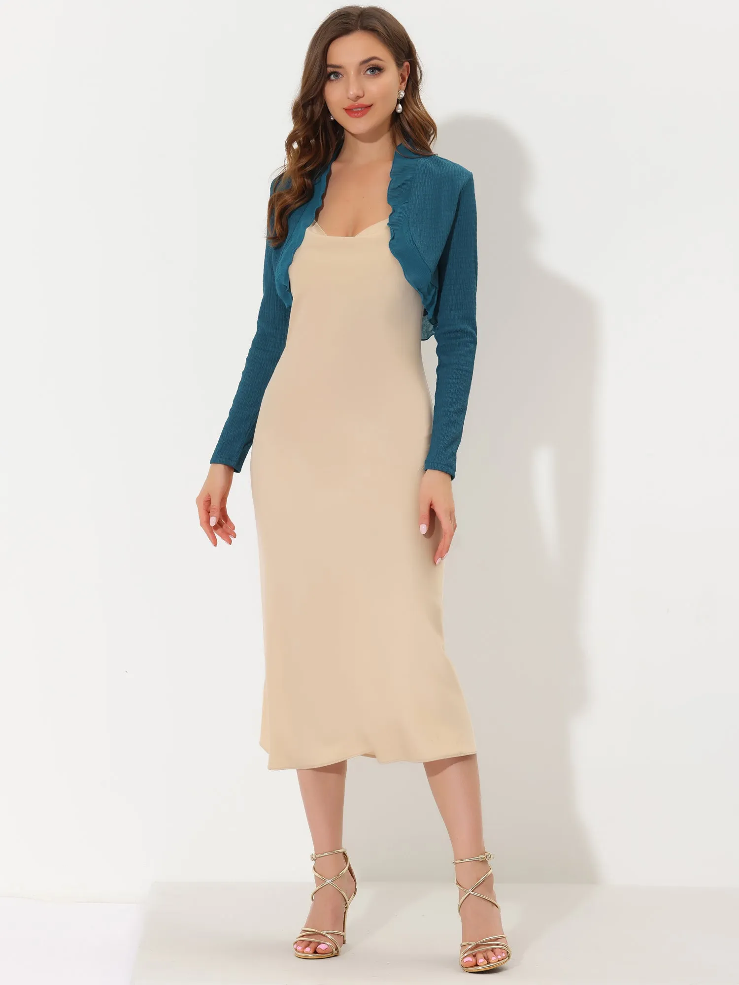 ElegantLong Sleeve Textured Open Front Ruffle Bolero Crop Shrugs