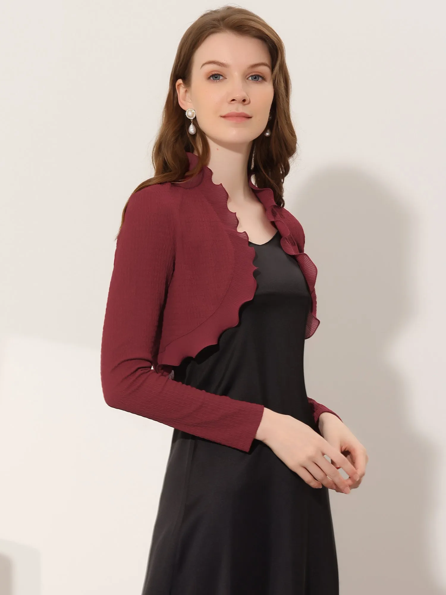 ElegantLong Sleeve Textured Open Front Ruffle Bolero Crop Shrugs