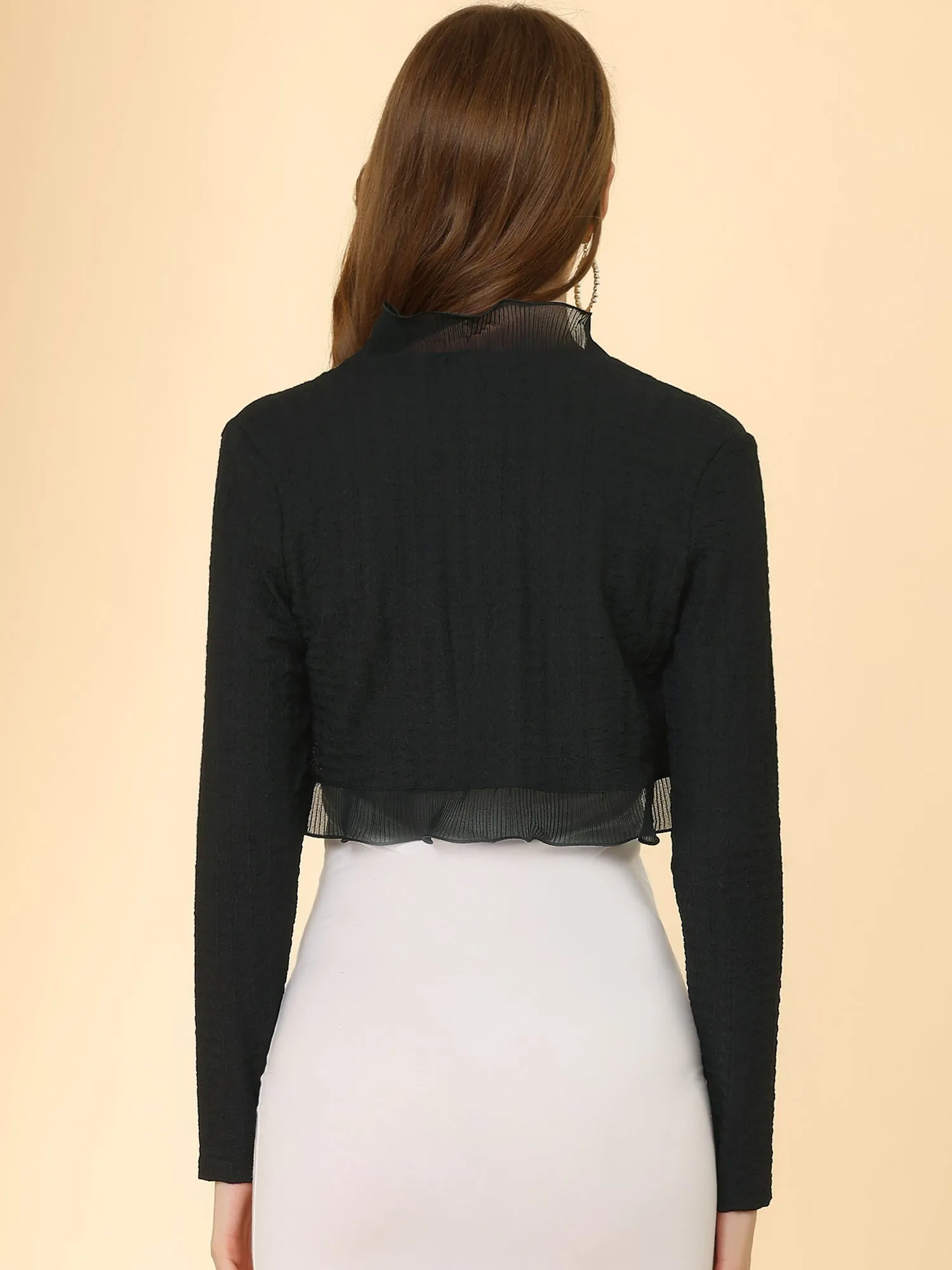 ElegantLong Sleeve Textured Open Front Ruffle Bolero Crop Shrugs