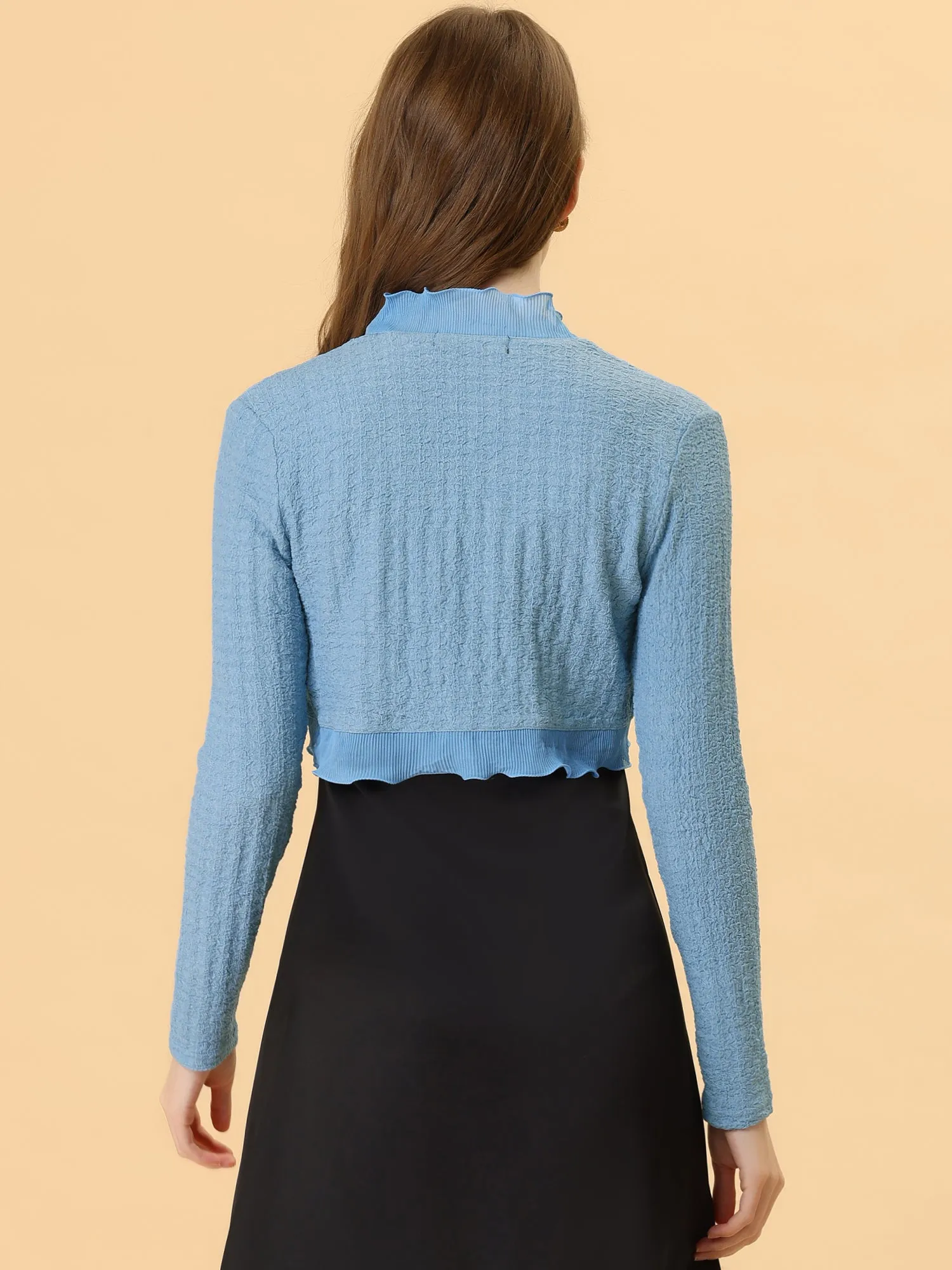 ElegantLong Sleeve Textured Open Front Ruffle Bolero Crop Shrugs