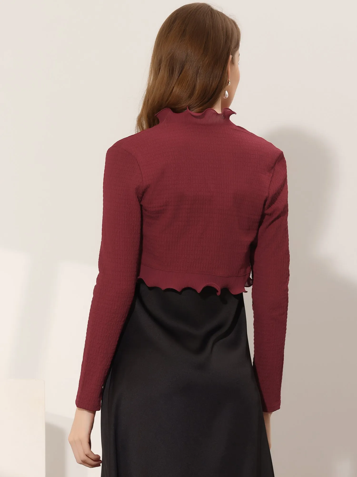 ElegantLong Sleeve Textured Open Front Ruffle Bolero Crop Shrugs