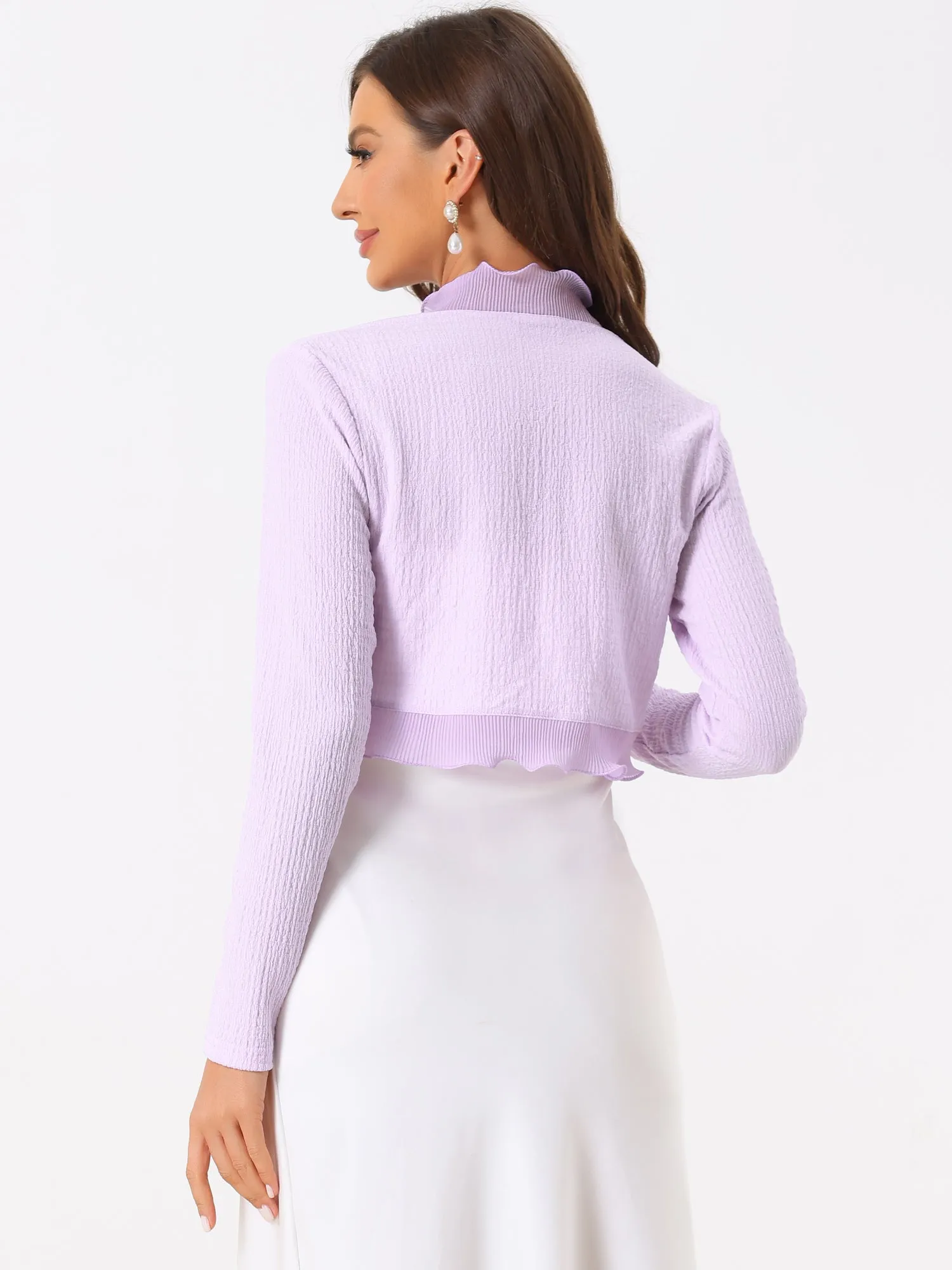 ElegantLong Sleeve Textured Open Front Ruffle Bolero Crop Shrugs