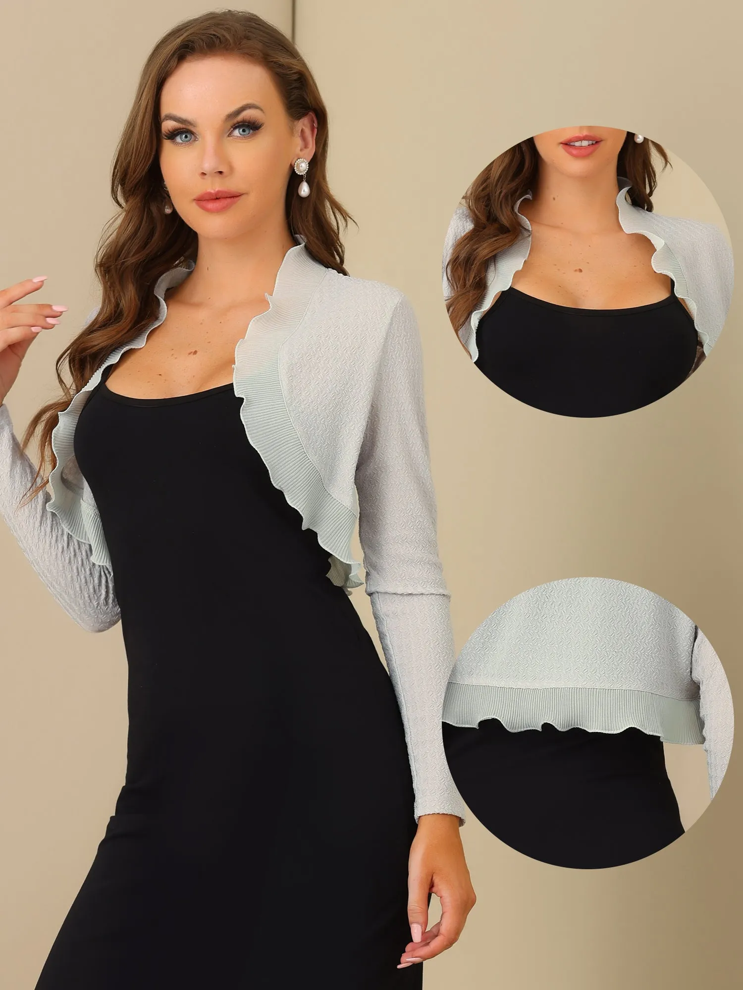ElegantLong Sleeve Textured Open Front Ruffle Bolero Crop Shrugs