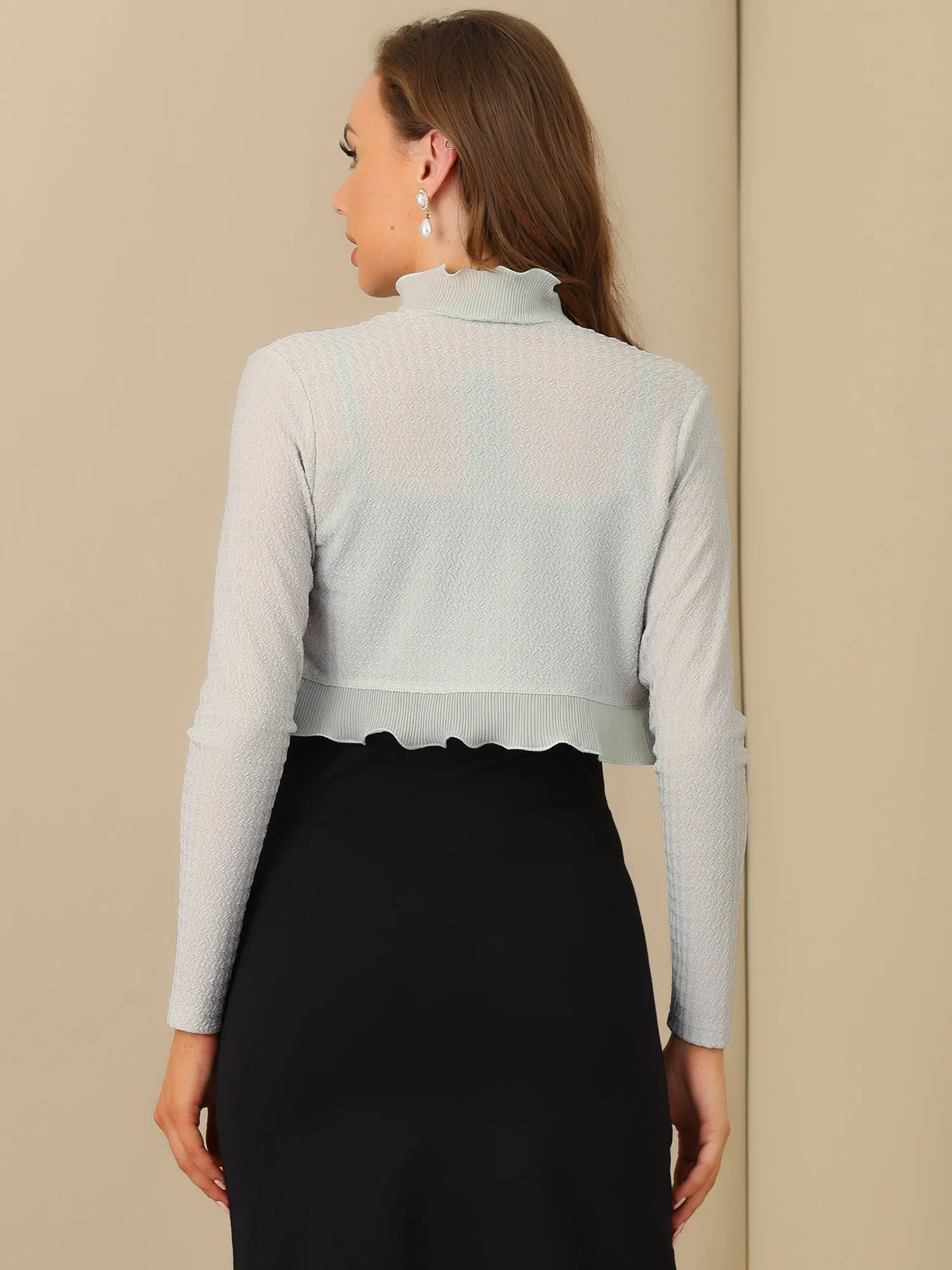 ElegantLong Sleeve Textured Open Front Ruffle Bolero Crop Shrugs