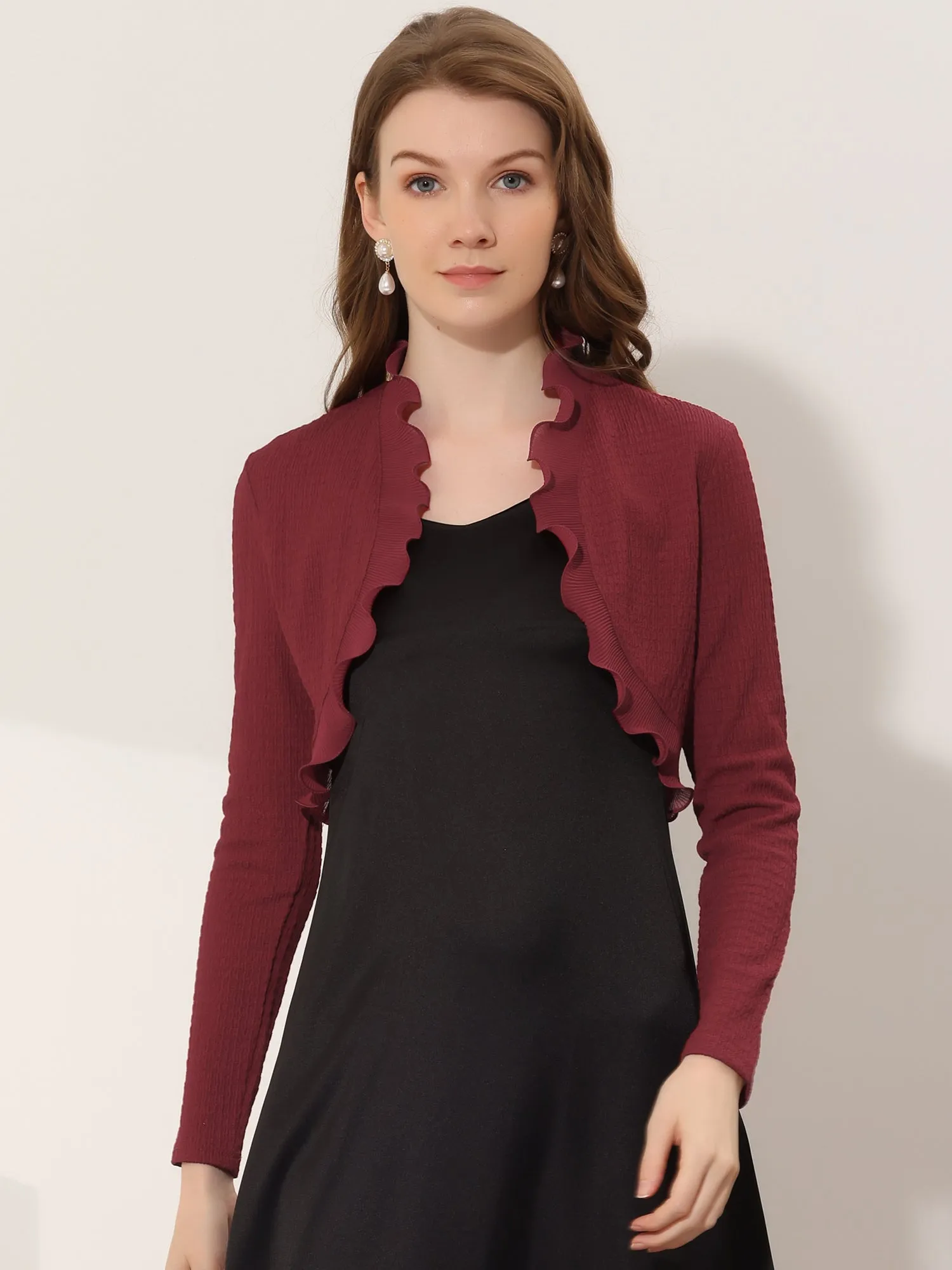 ElegantLong Sleeve Textured Open Front Ruffle Bolero Crop Shrugs