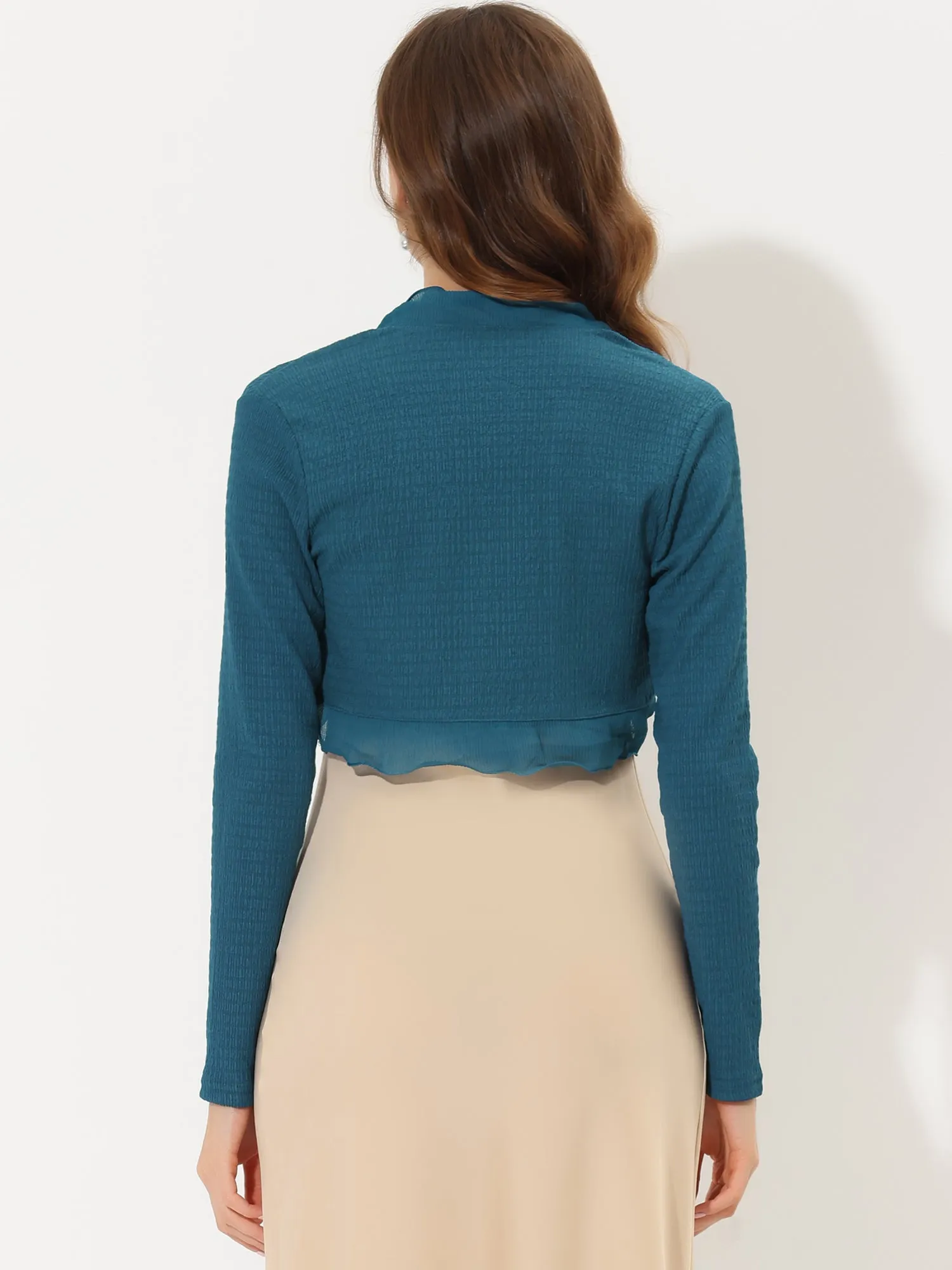 ElegantLong Sleeve Textured Open Front Ruffle Bolero Crop Shrugs