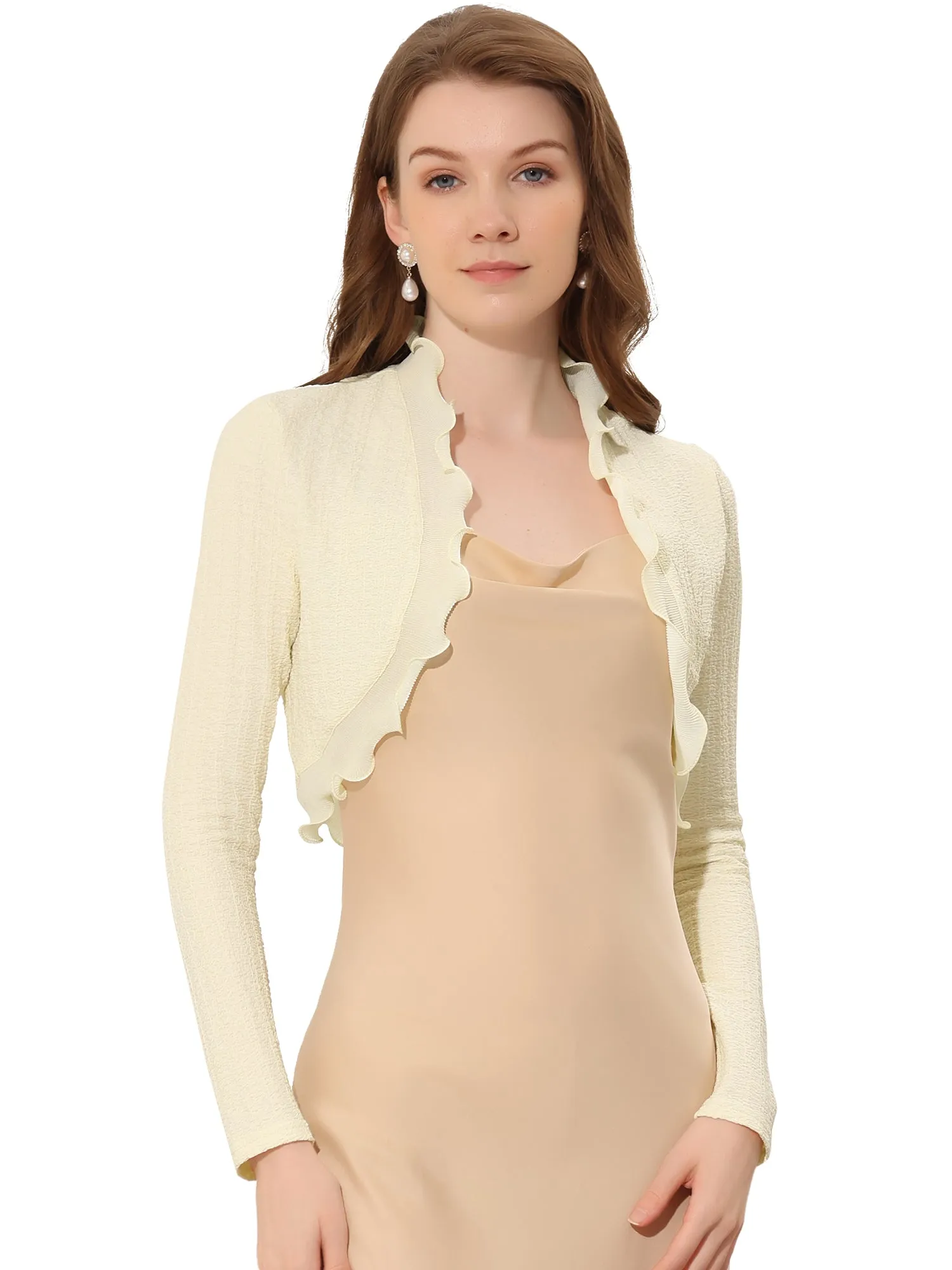 ElegantLong Sleeve Textured Open Front Ruffle Bolero Crop Shrugs
