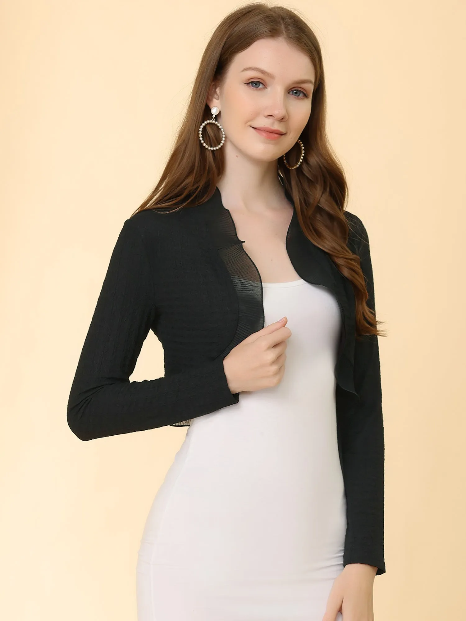 ElegantLong Sleeve Textured Open Front Ruffle Bolero Crop Shrugs
