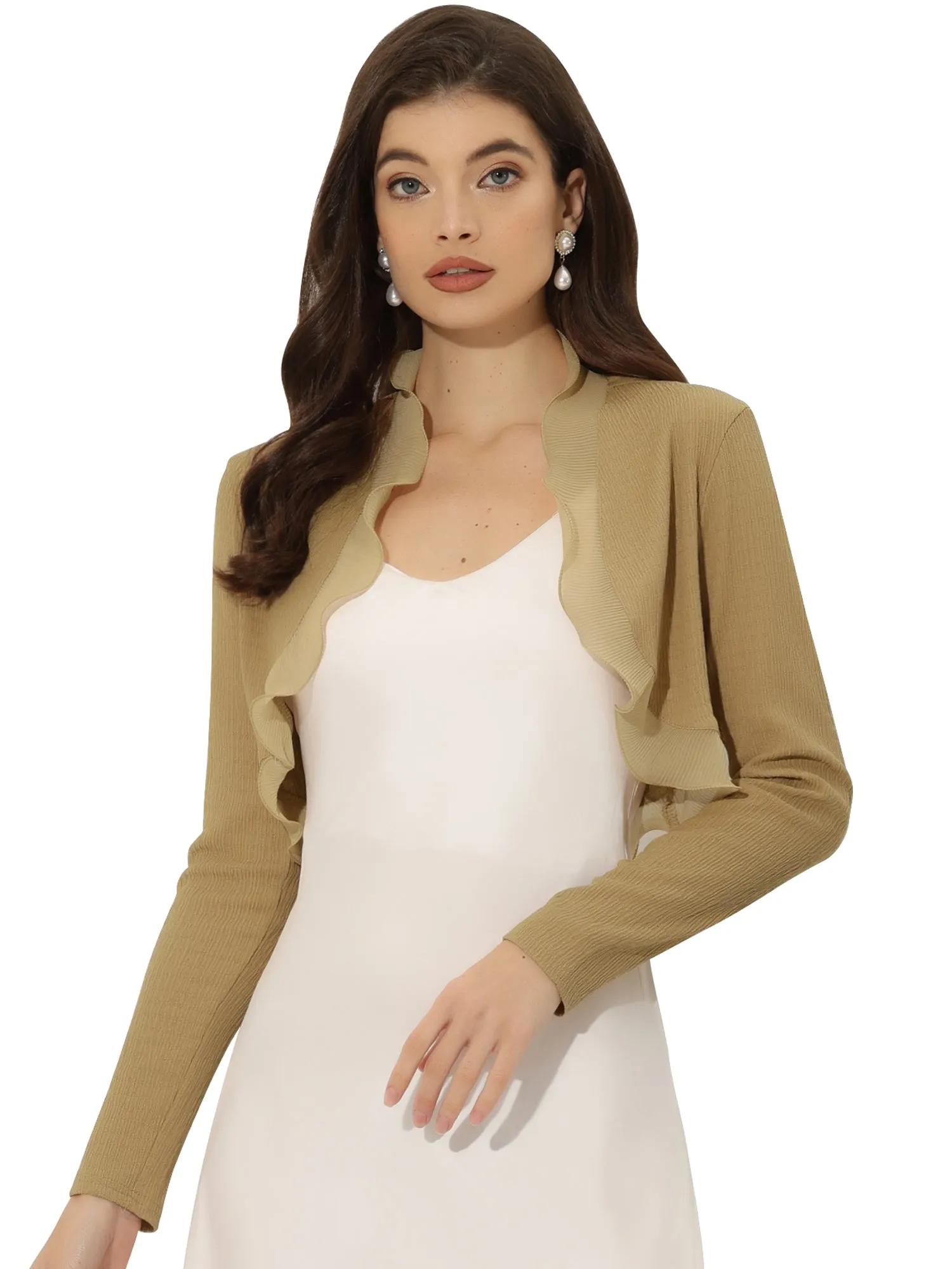 ElegantLong Sleeve Textured Open Front Ruffle Bolero Crop Shrugs