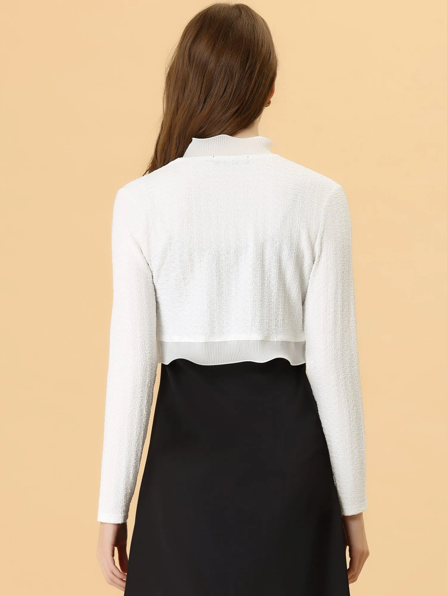 ElegantLong Sleeve Textured Open Front Ruffle Bolero Crop Shrugs