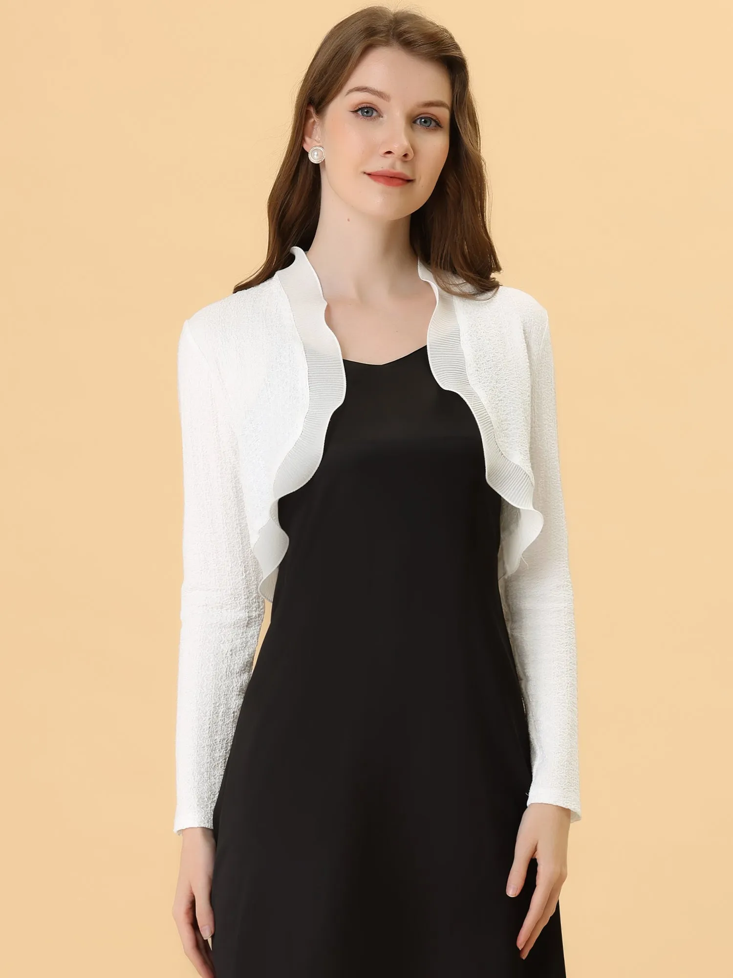 ElegantLong Sleeve Textured Open Front Ruffle Bolero Crop Shrugs
