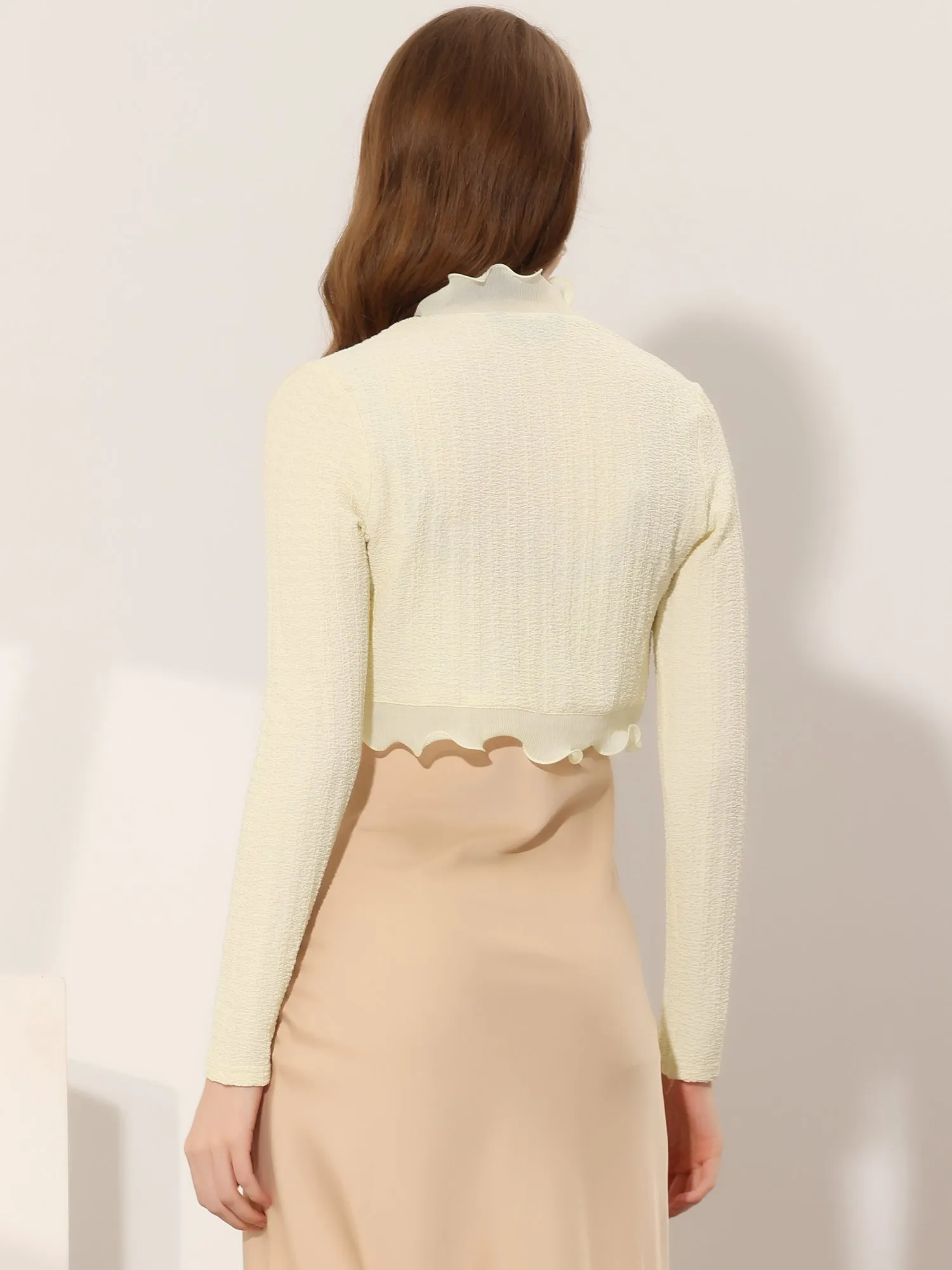 ElegantLong Sleeve Textured Open Front Ruffle Bolero Crop Shrugs