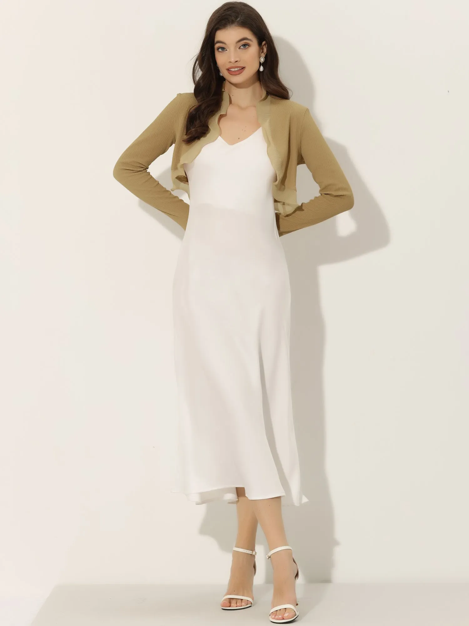ElegantLong Sleeve Textured Open Front Ruffle Bolero Crop Shrugs