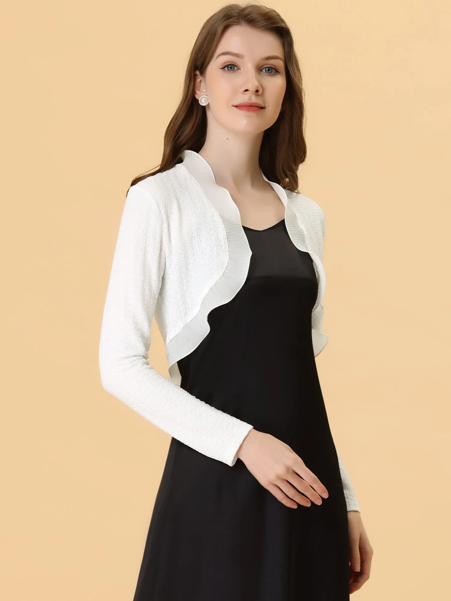 ElegantLong Sleeve Textured Open Front Ruffle Bolero Crop Shrugs