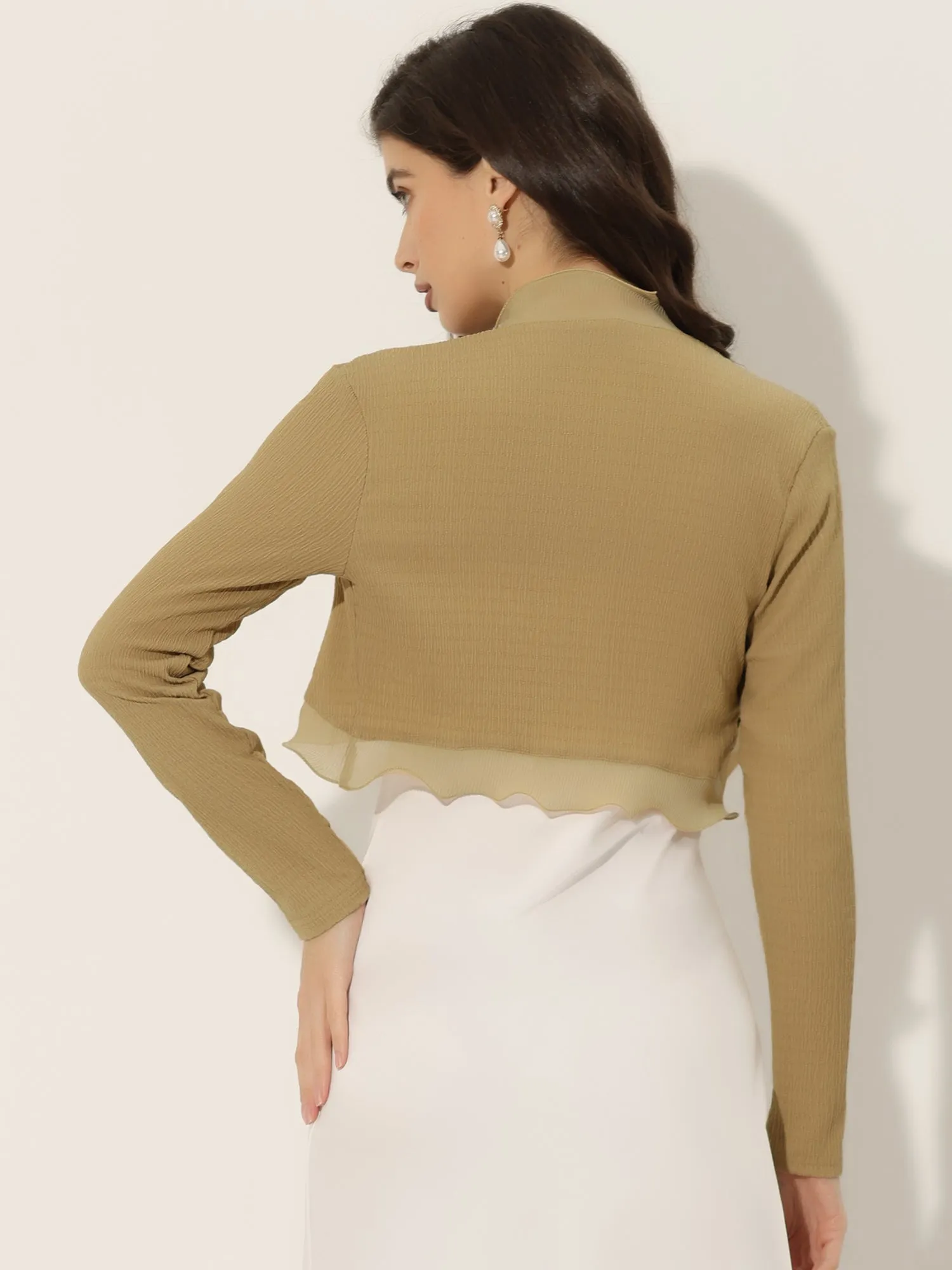ElegantLong Sleeve Textured Open Front Ruffle Bolero Crop Shrugs
