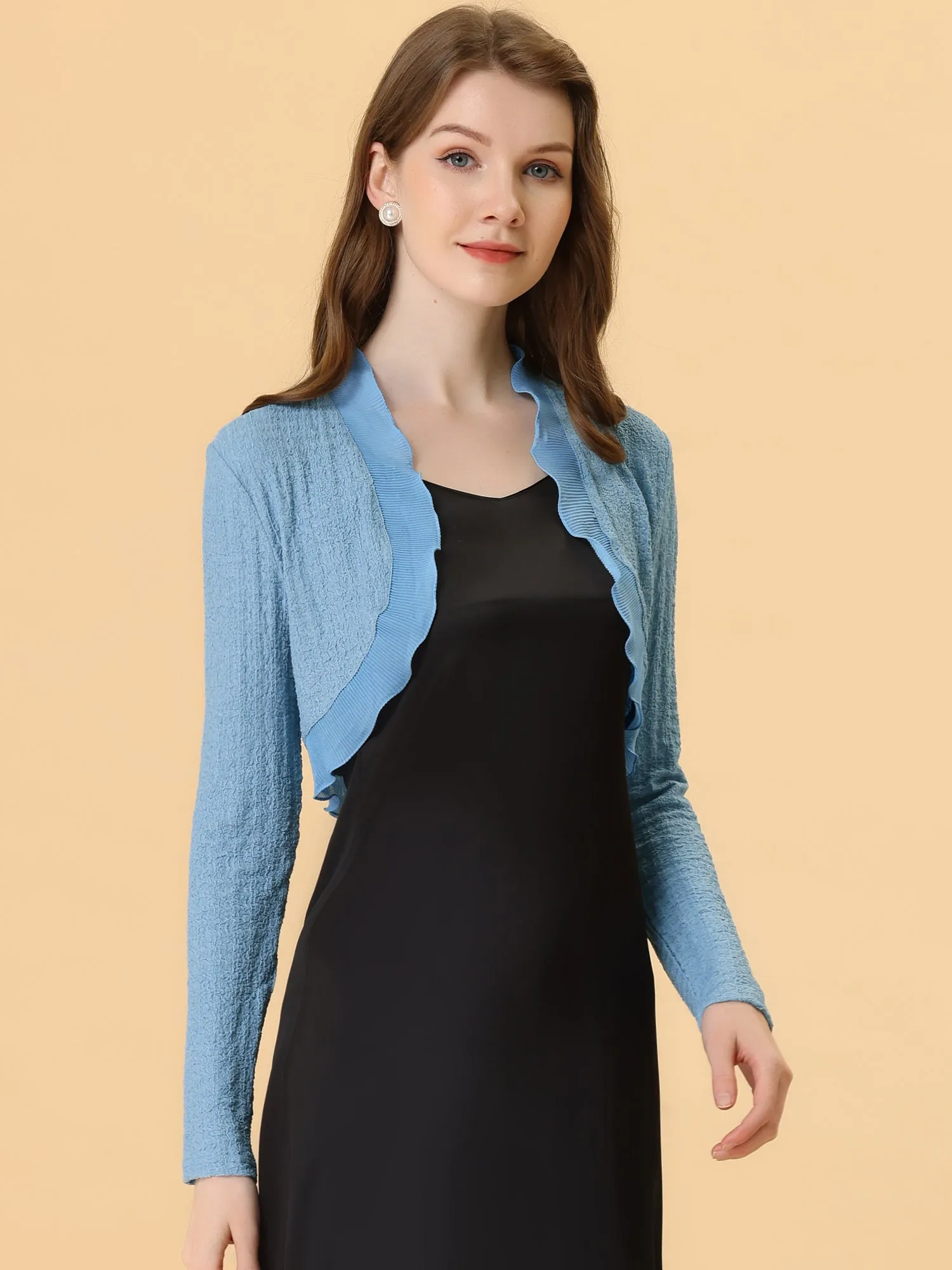 ElegantLong Sleeve Textured Open Front Ruffle Bolero Crop Shrugs