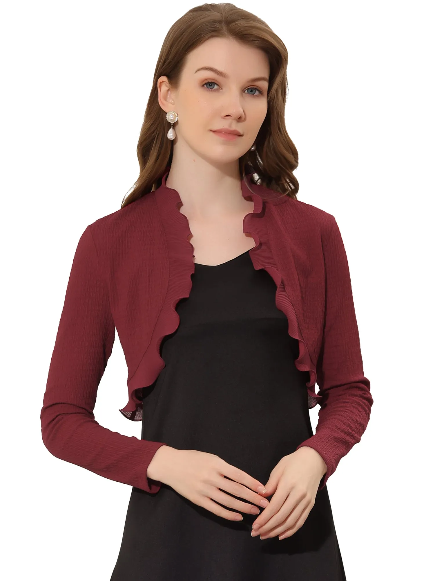 ElegantLong Sleeve Textured Open Front Ruffle Bolero Crop Shrugs