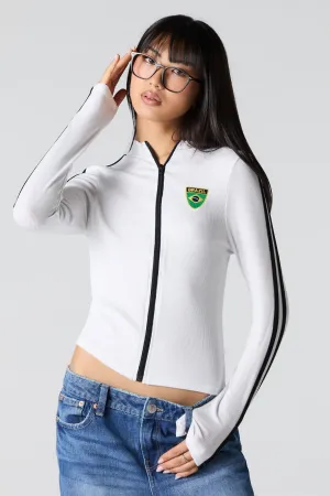 Embroidered Ribbed Zip-Up Sporty Top