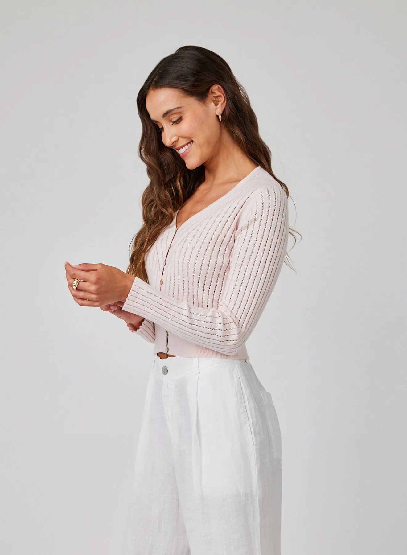 Fitted V-Neck Cardigan - Pastel Pink