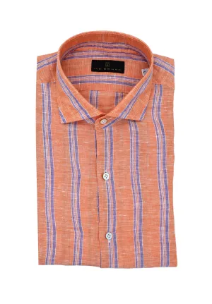 Hand Finished Orange With Violet Striped Italian Linen Sport Shirt