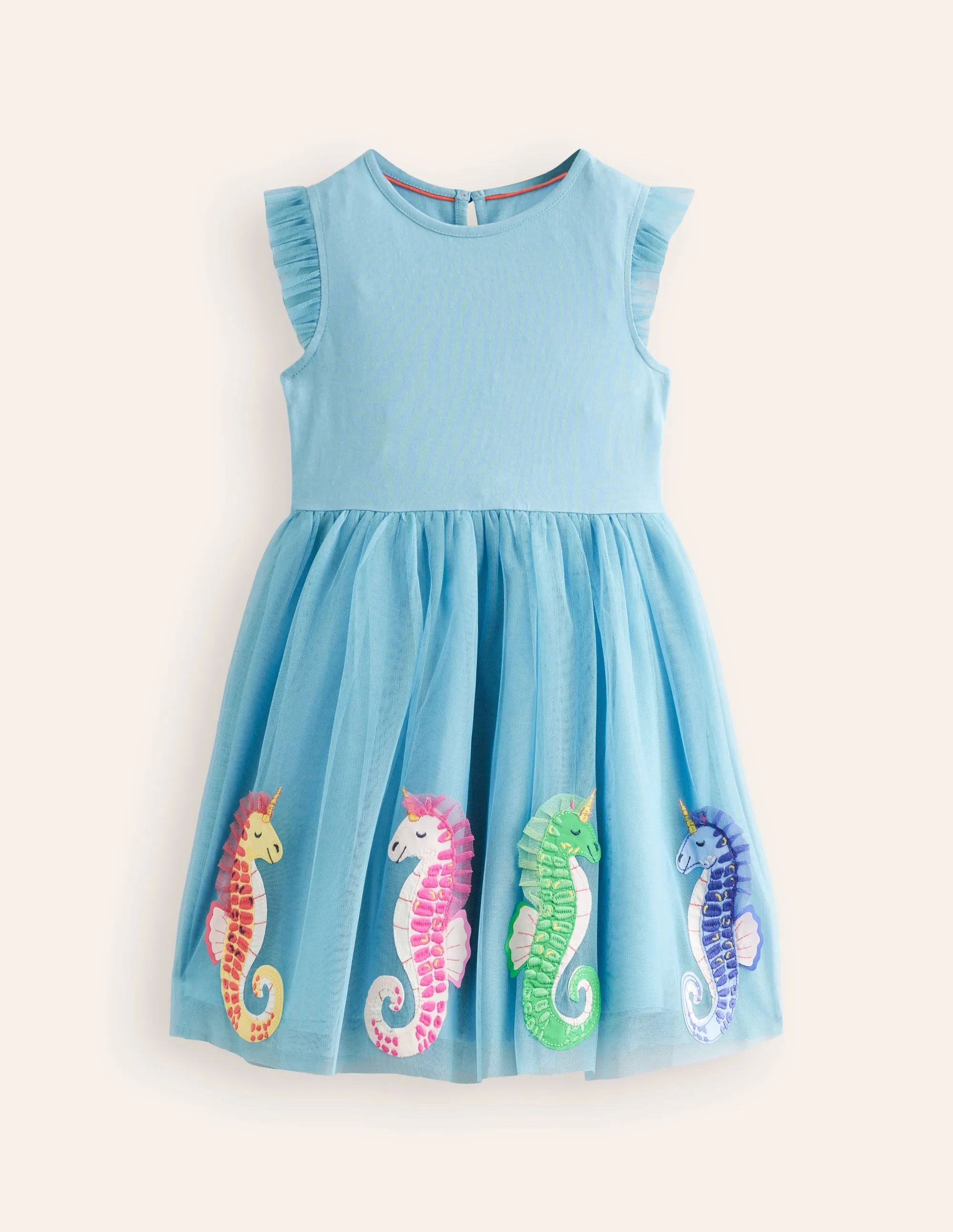 Jersey Tulle Appliqué Dress-Aqua Sea Blue Seahorses
