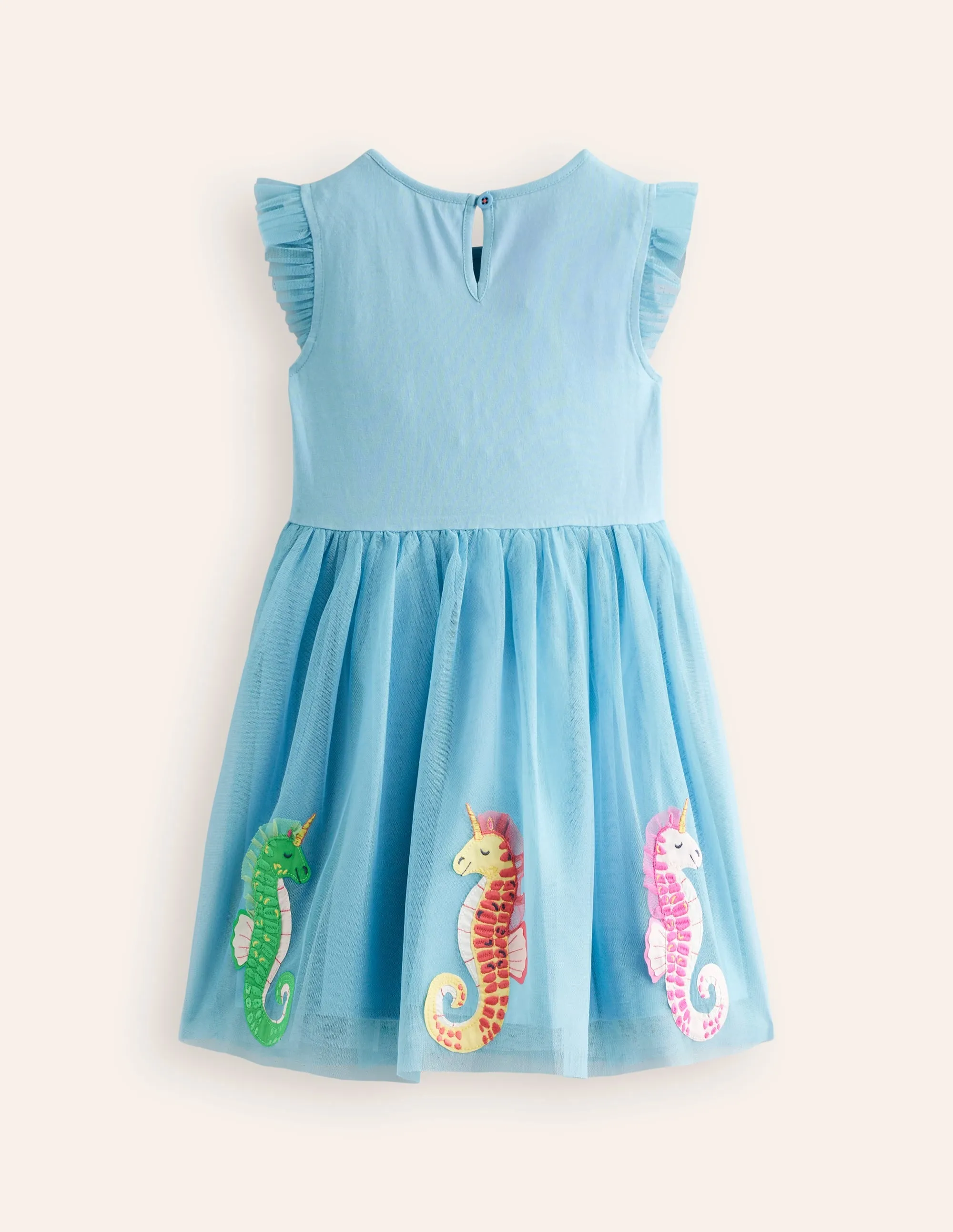 Jersey Tulle Appliqué Dress-Aqua Sea Blue Seahorses