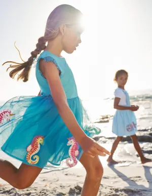 Jersey Tulle Appliqué Dress-Aqua Sea Blue Seahorses
