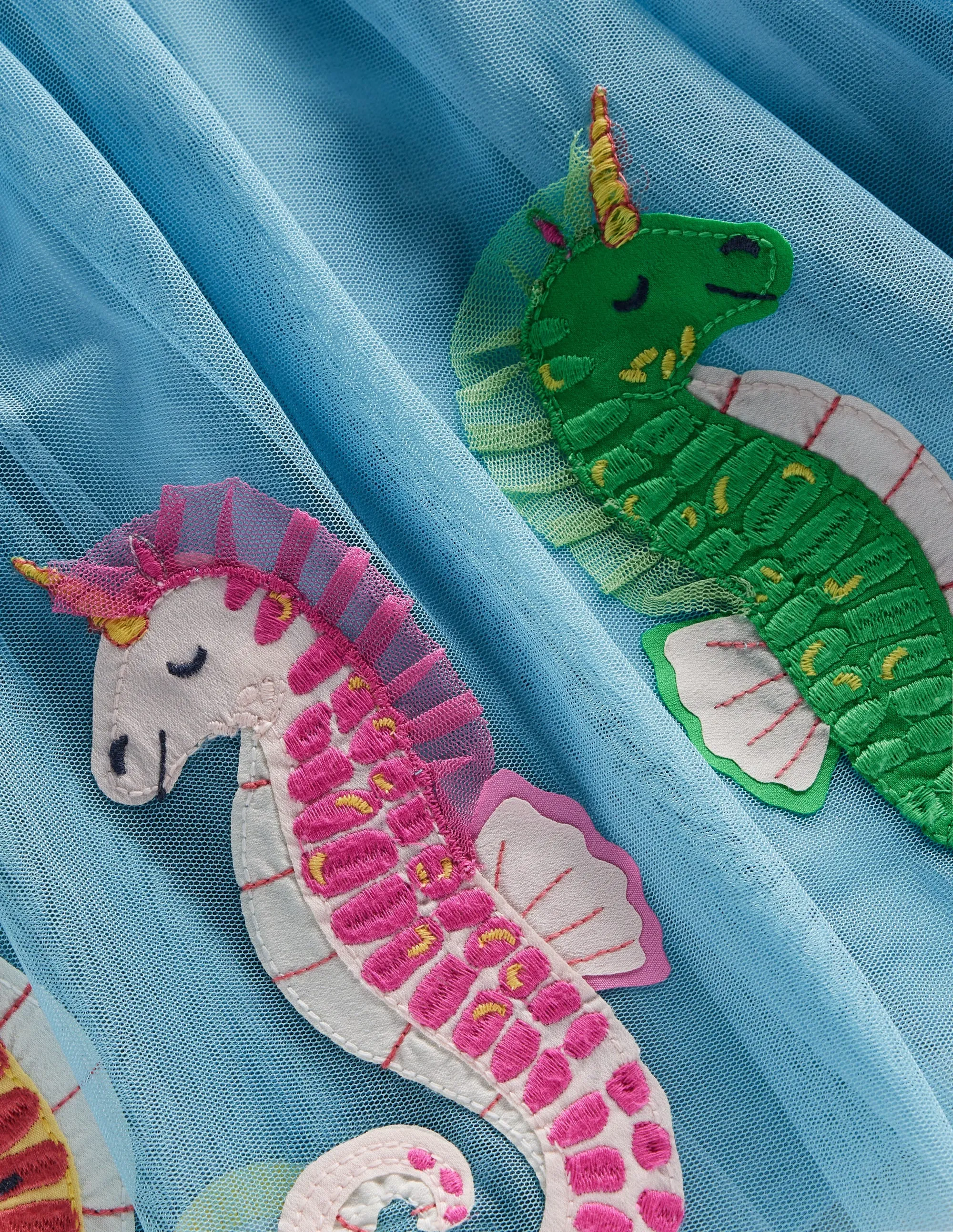 Jersey Tulle Appliqué Dress-Aqua Sea Blue Seahorses