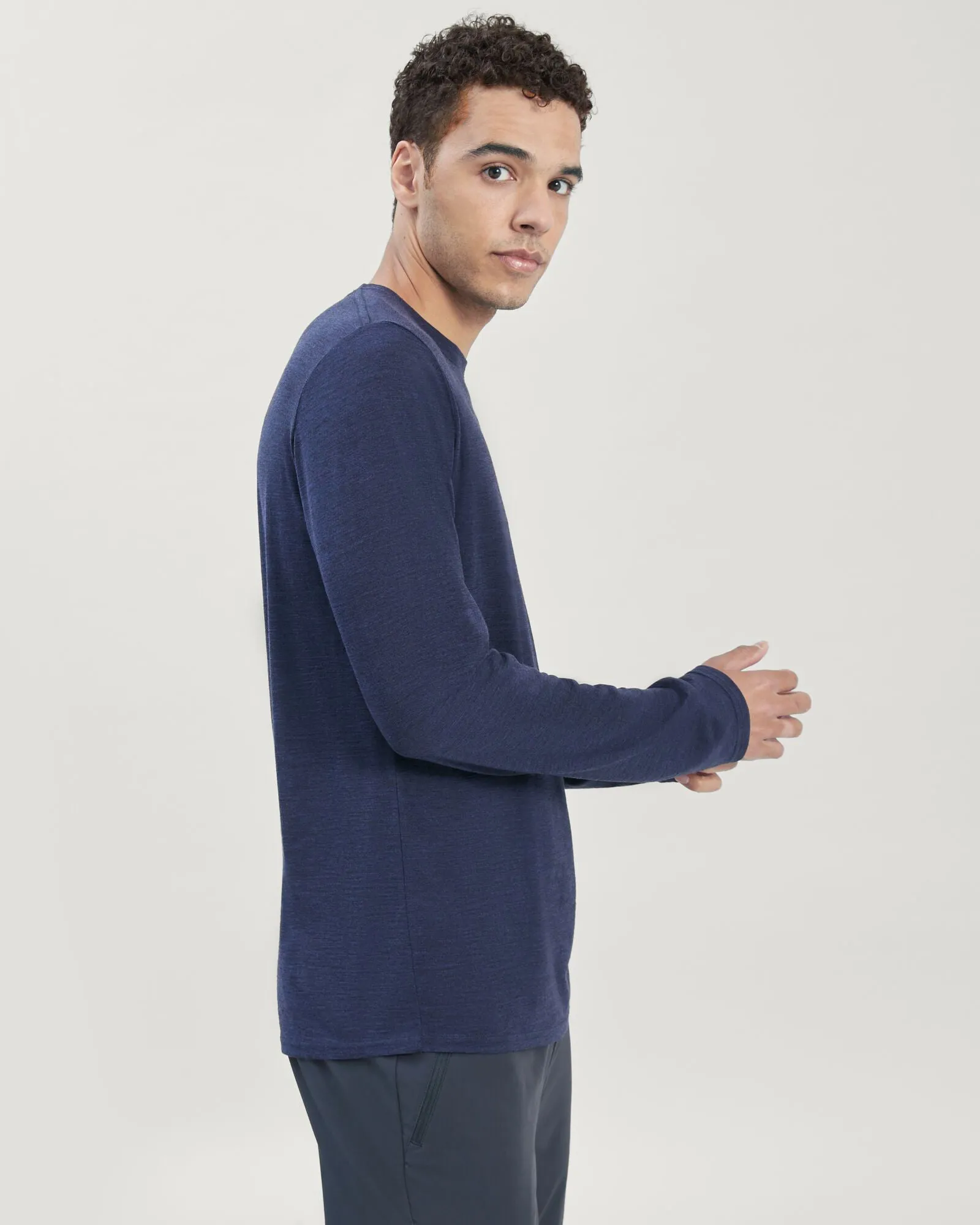 Men's 100% Merino Long Sleeve Crew Top - Midnight Navy Marle