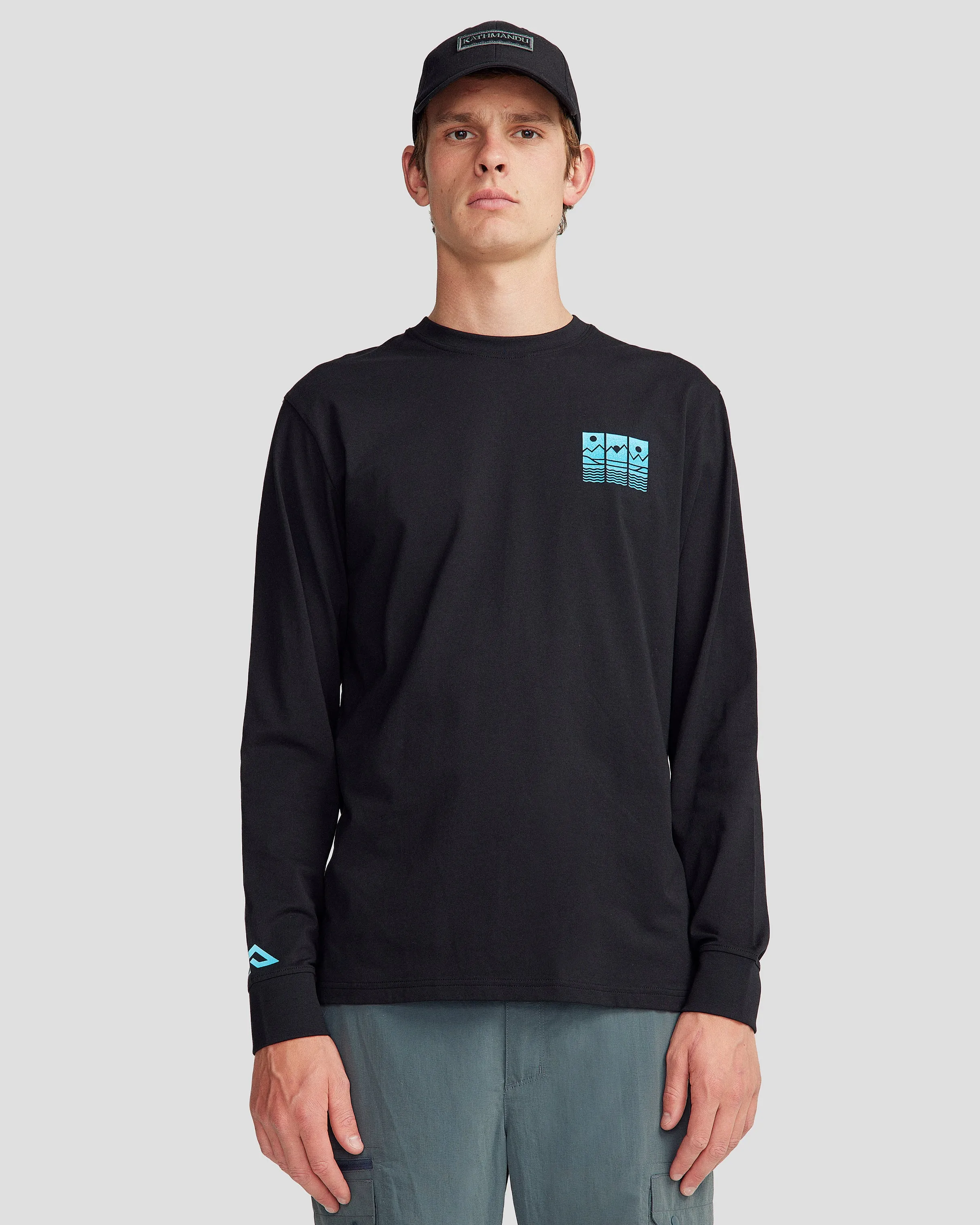 Men's Mountain Triptych Organic Cotton Long Sleeve T-shirt - Black Stingray
