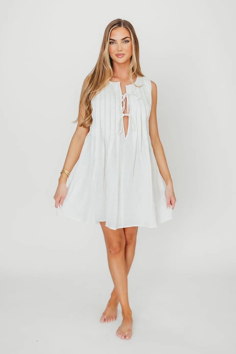 Nessa Tie Mini Dress Woven in Off White 100% Linen
