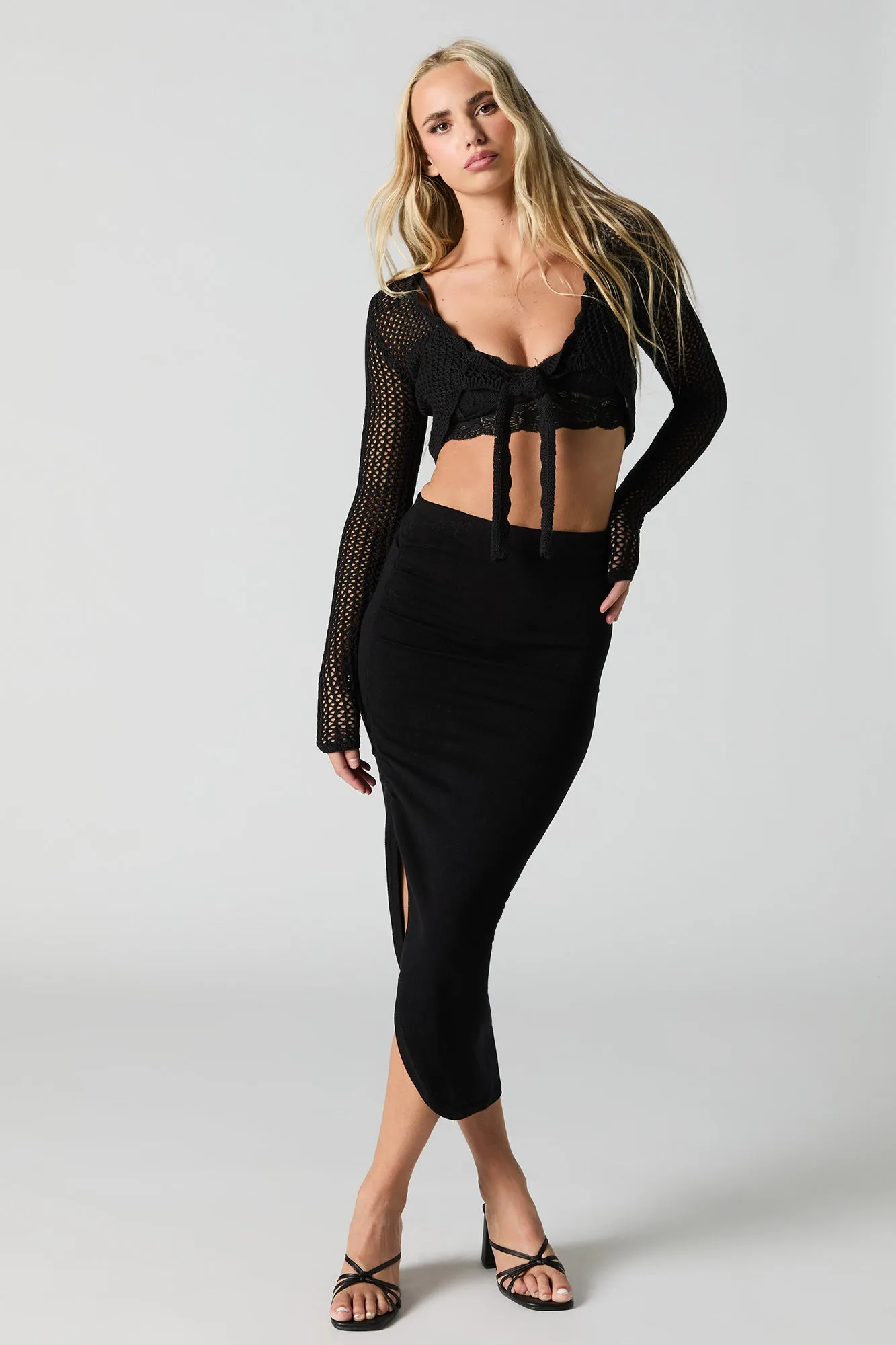 Open Knit Self Tie Cropped Cardigan
